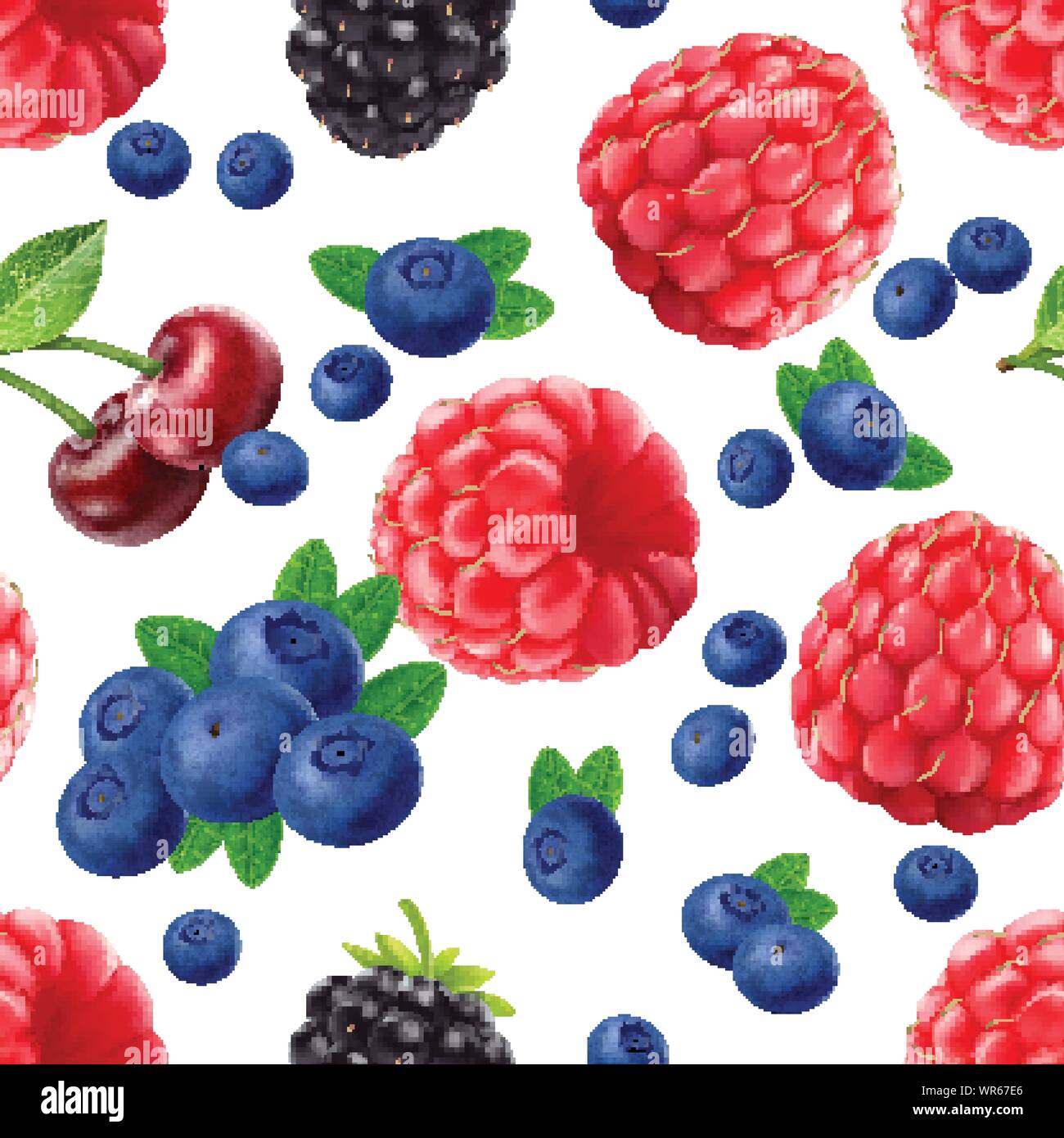 Blackberry blueberry cherry and raspberry seamless pattern. 3d realistic vector berries. Stock Vector