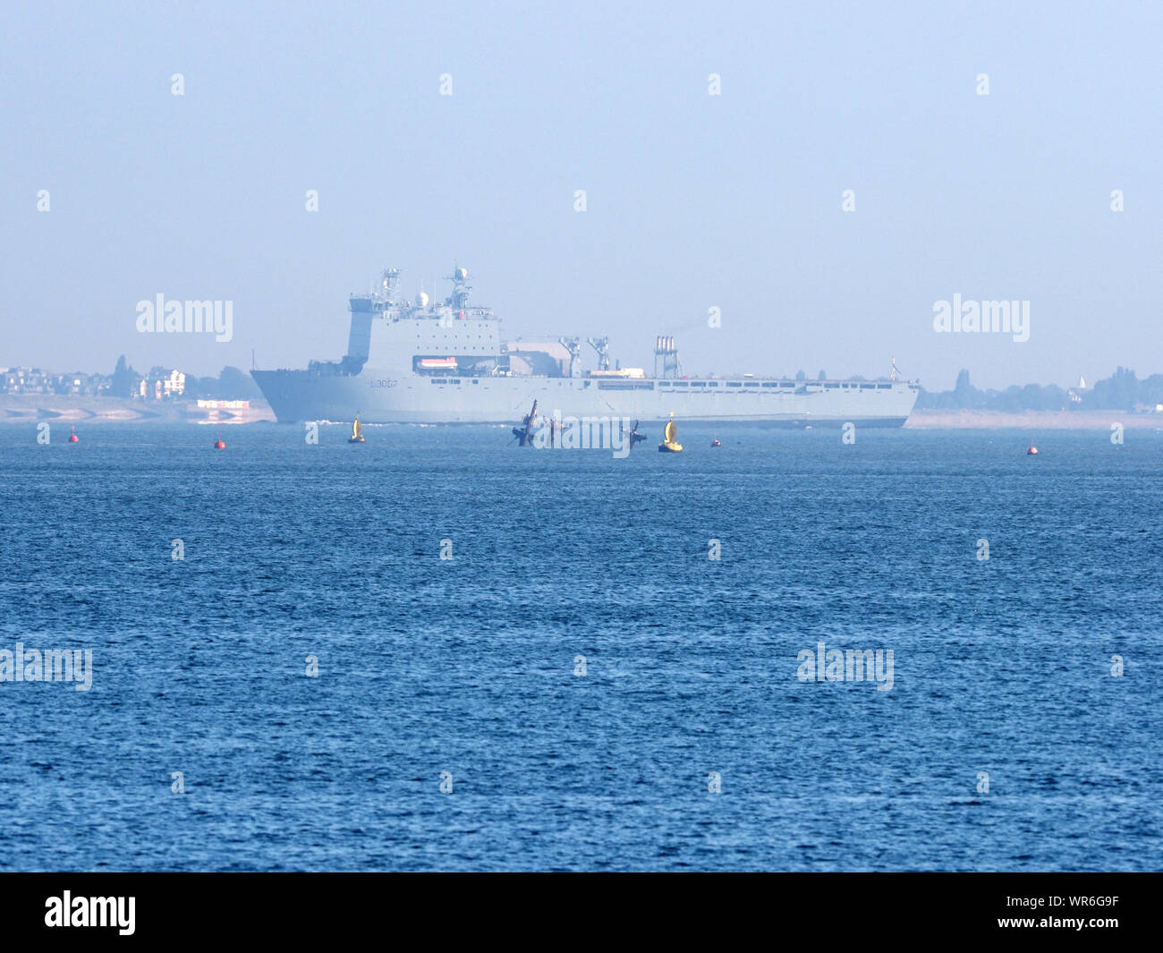 Sheerness, Kent, UK. 10th September, 2019. Royal Fleet Auxiliary ship 'Lyme Bay' seen off of Sheerness, Kent seen this morning in the early morning mist as it departs for London. RFA Lyme Bay is attending London International Shipping Week. The Defense & Security Equipment International (DSEI) Show is also on at Excel. Credit: James Bell/Alamy Live News Stock Photo