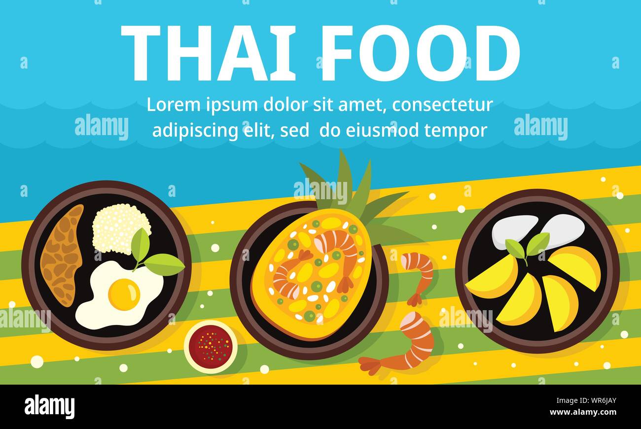 Lunch thai food concept banner. Flat illustration of lunch thai food ...