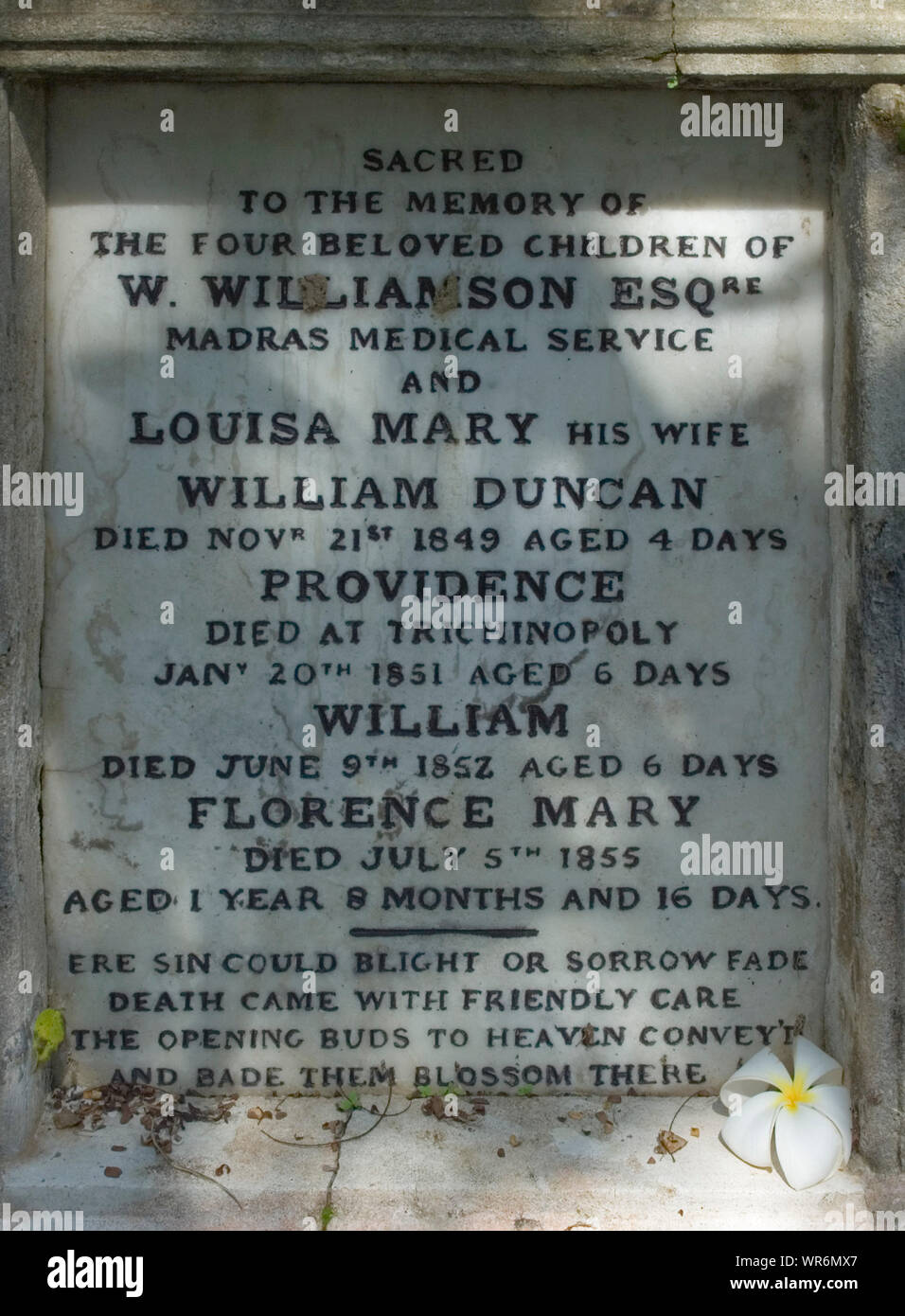 Grave stone, Protestant Cemetery, Penang, Malaysia Stock Photo