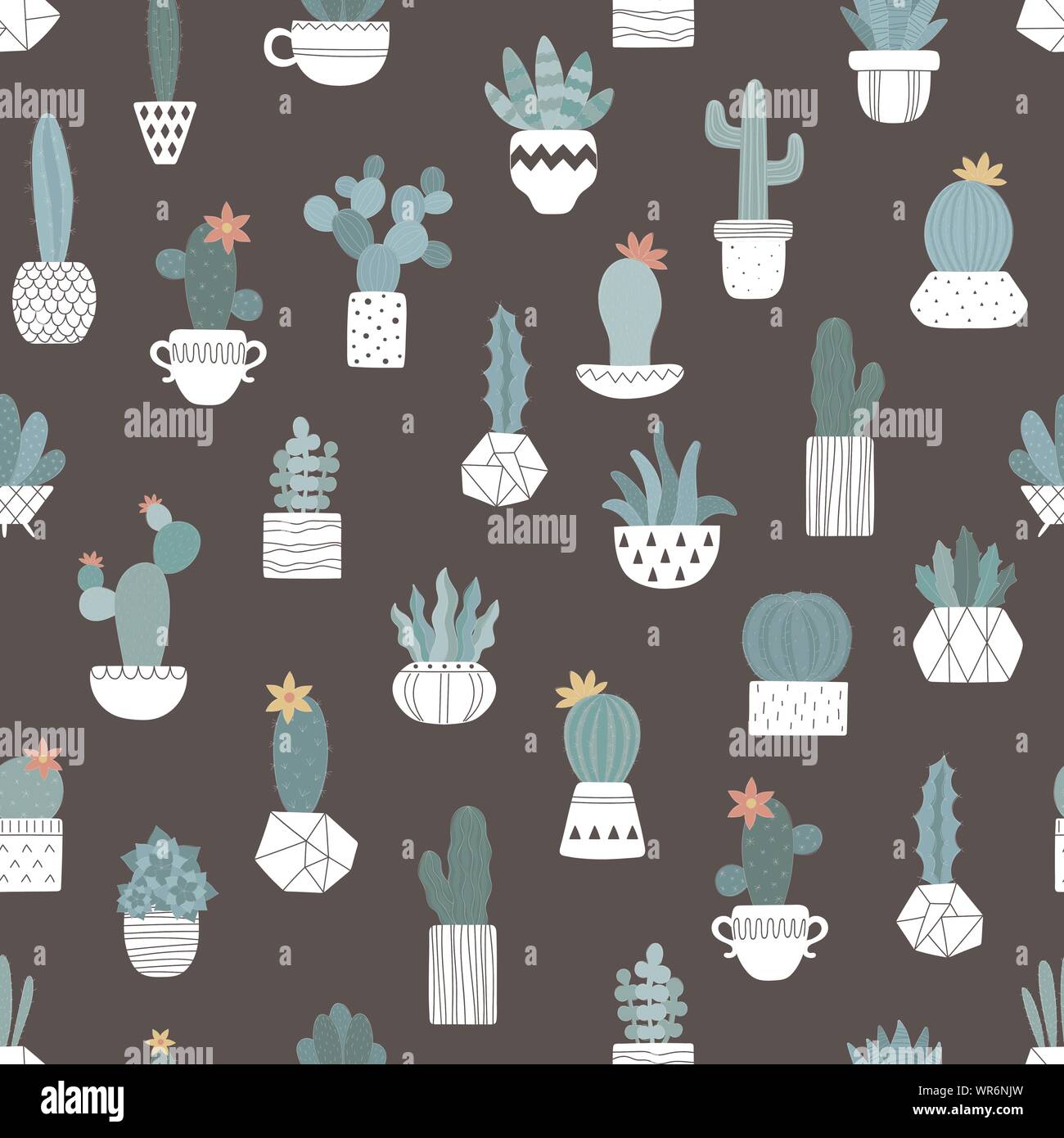 Seamless pattern of hand-drawn cacti in white pots on the dark ...