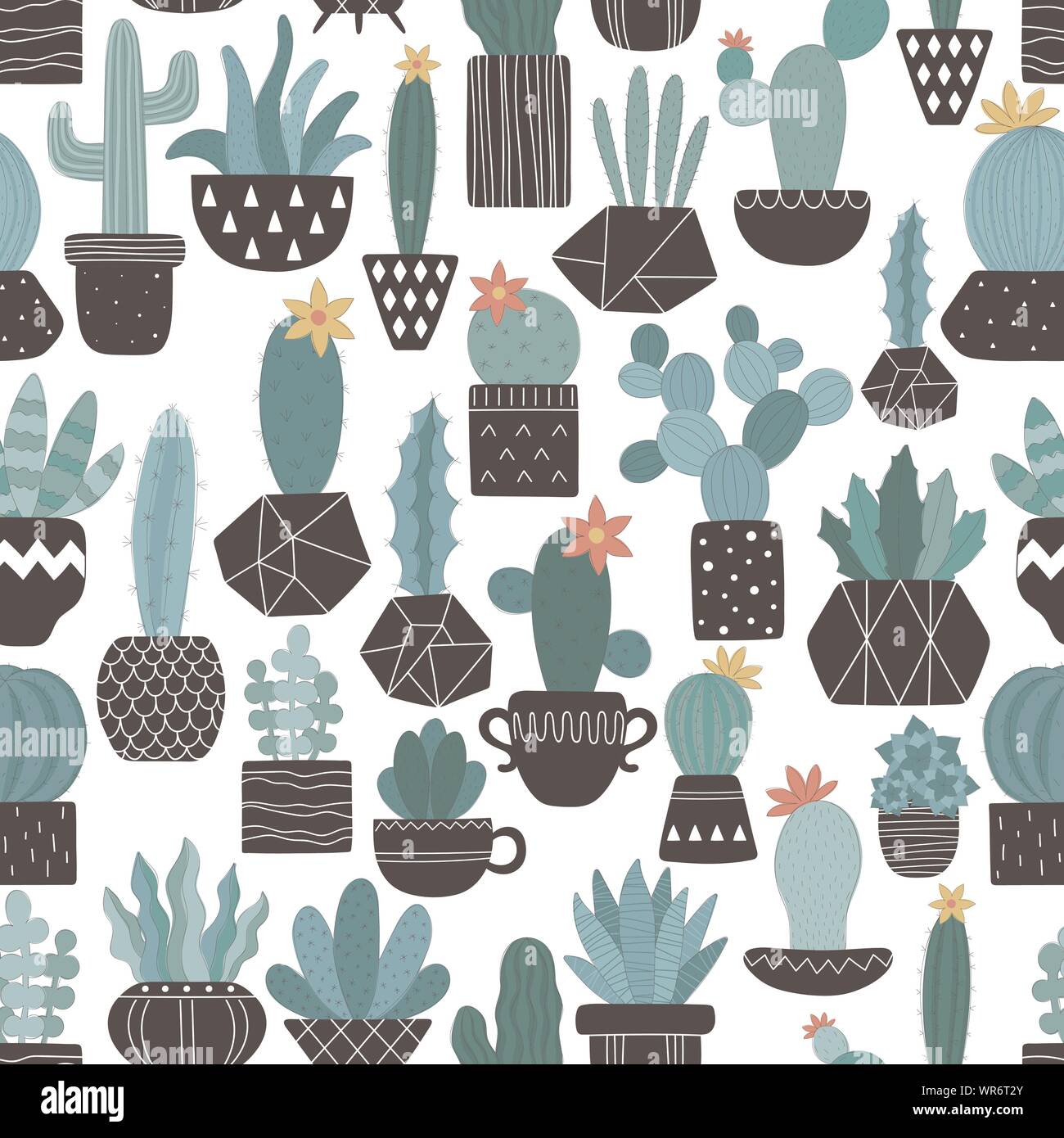 Seamless pattern of hand-drawn cacti in pots at close range. Vector ...