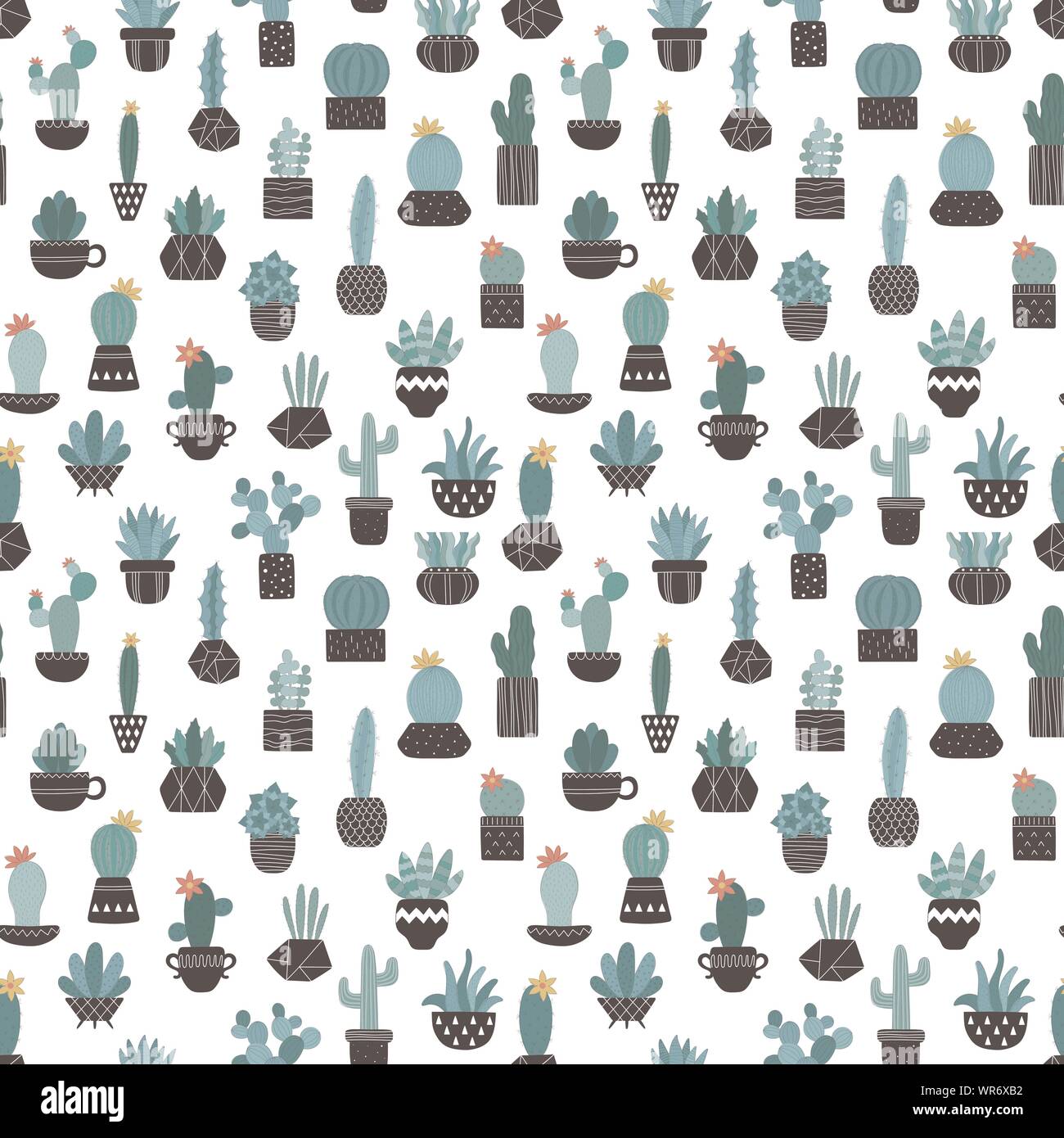 Seamless pattern of hand-drawn cacti in pots. Vector illustration of a ...