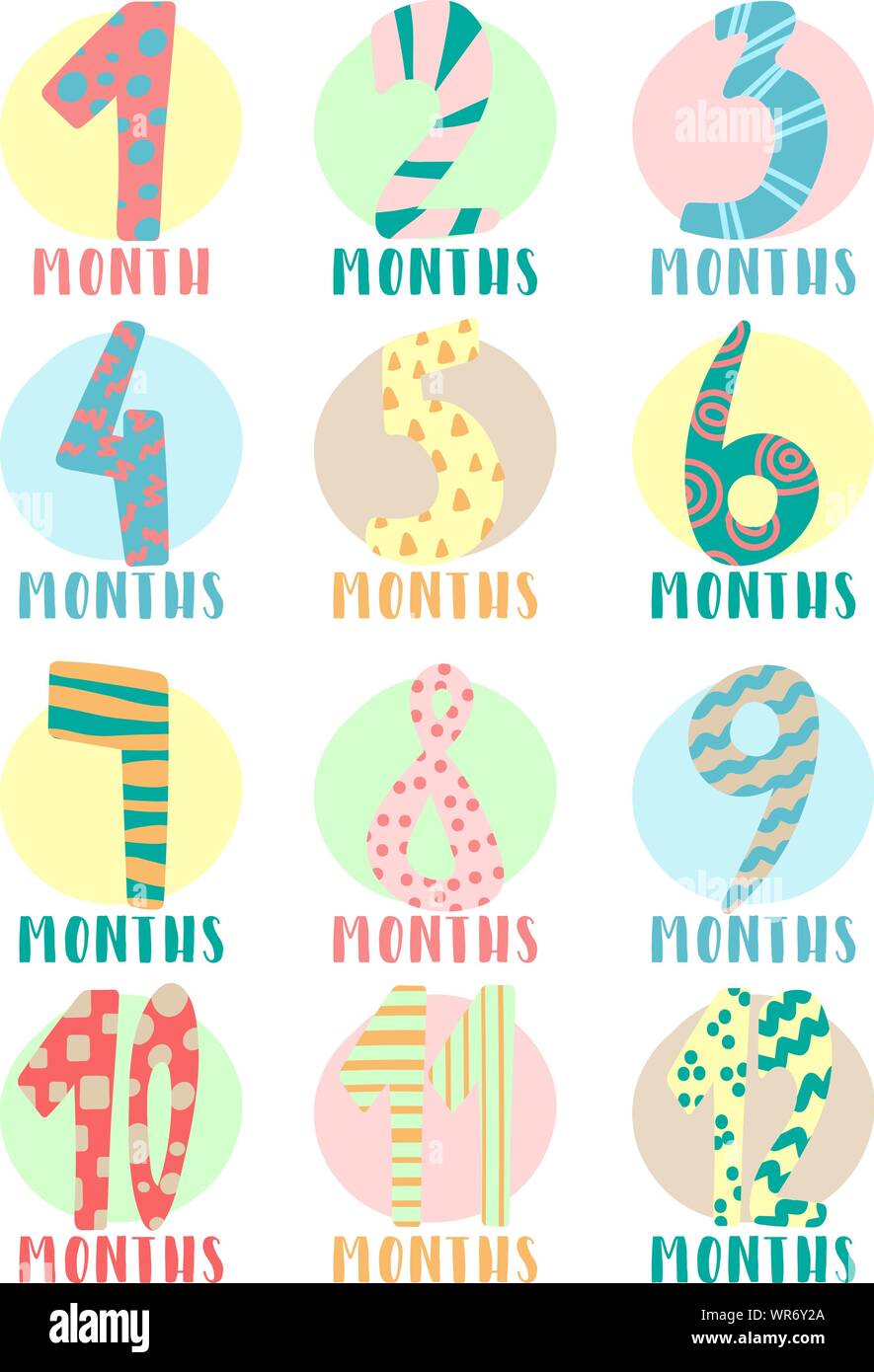 Vector image of 12 months for children. A collection of multicolored circle-shaped stickers with hand-drawn numbers. Baby month for a scrapbook Stock Vector