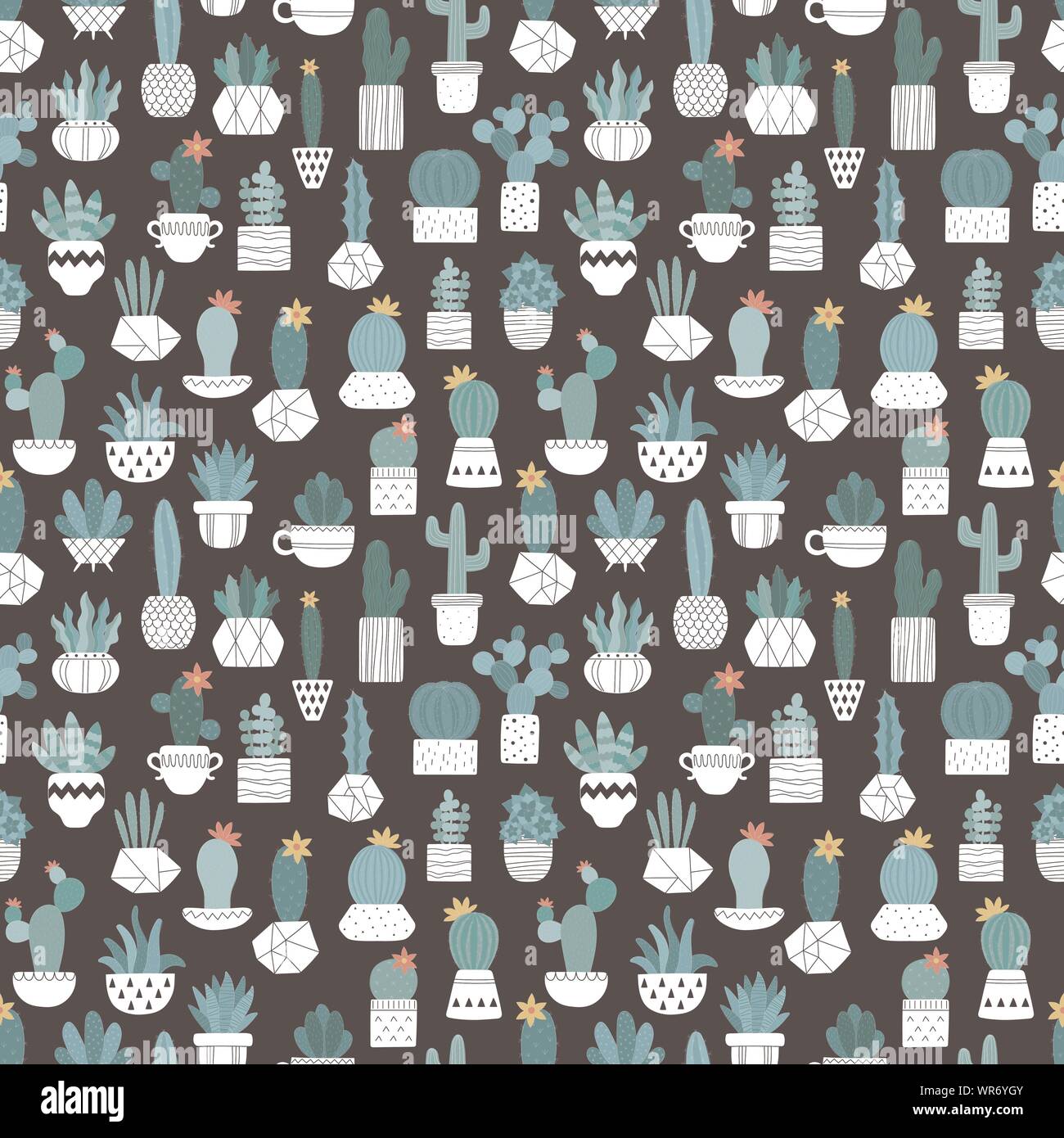 Seamless pattern of hand-drawn cacti in white pots on the dark ...