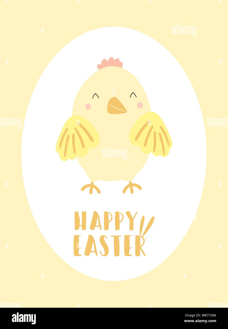 Vector image of a cute chick with an inscription on a yellow background. Hand-drawn Easter illustration of a chicken for spring happy holidays, summer Stock Vector