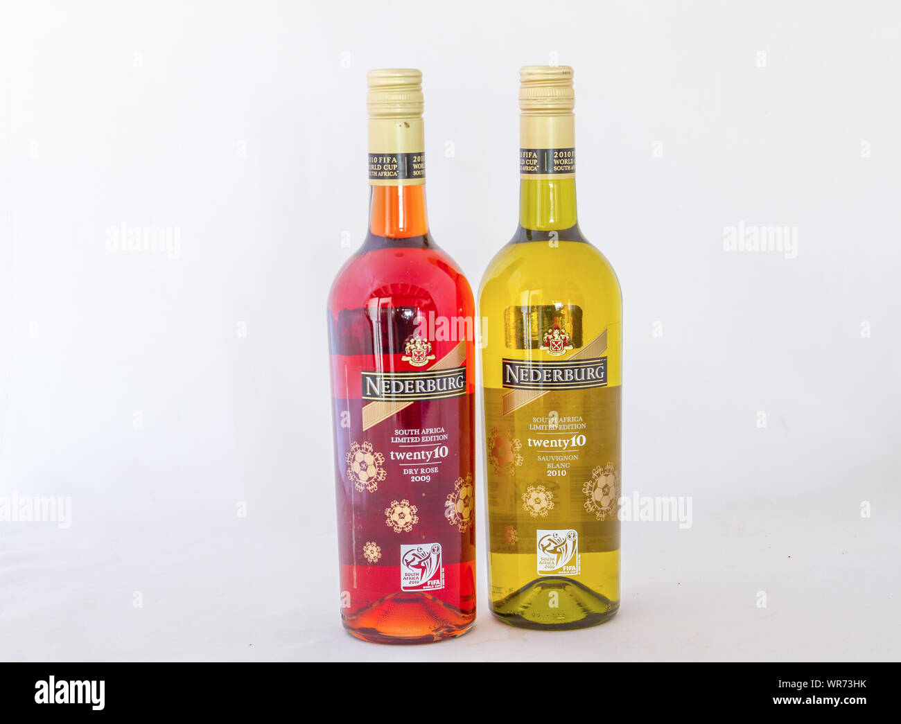 Johannesburg, South Africa - Bottles of Nederburg wine produced for the FIFA soccer world cup in the country in 2010 isolated on a white background Stock Photo