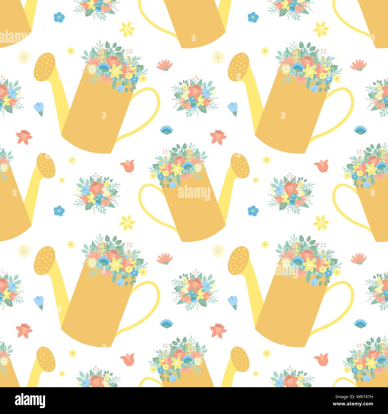 Easter seamless pattern with watering can and bouquet of flowers on a ...