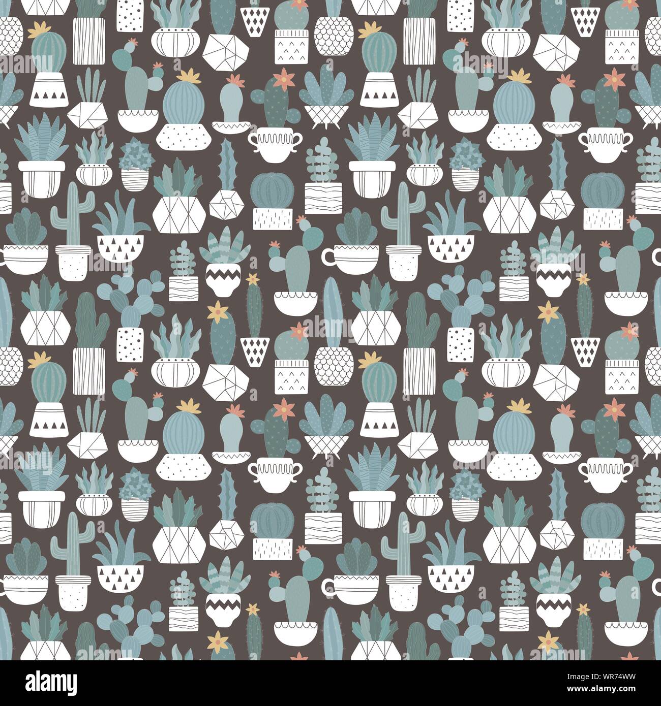 Seamless pattern of hand-drawn cacti in white pots at close range on ...
