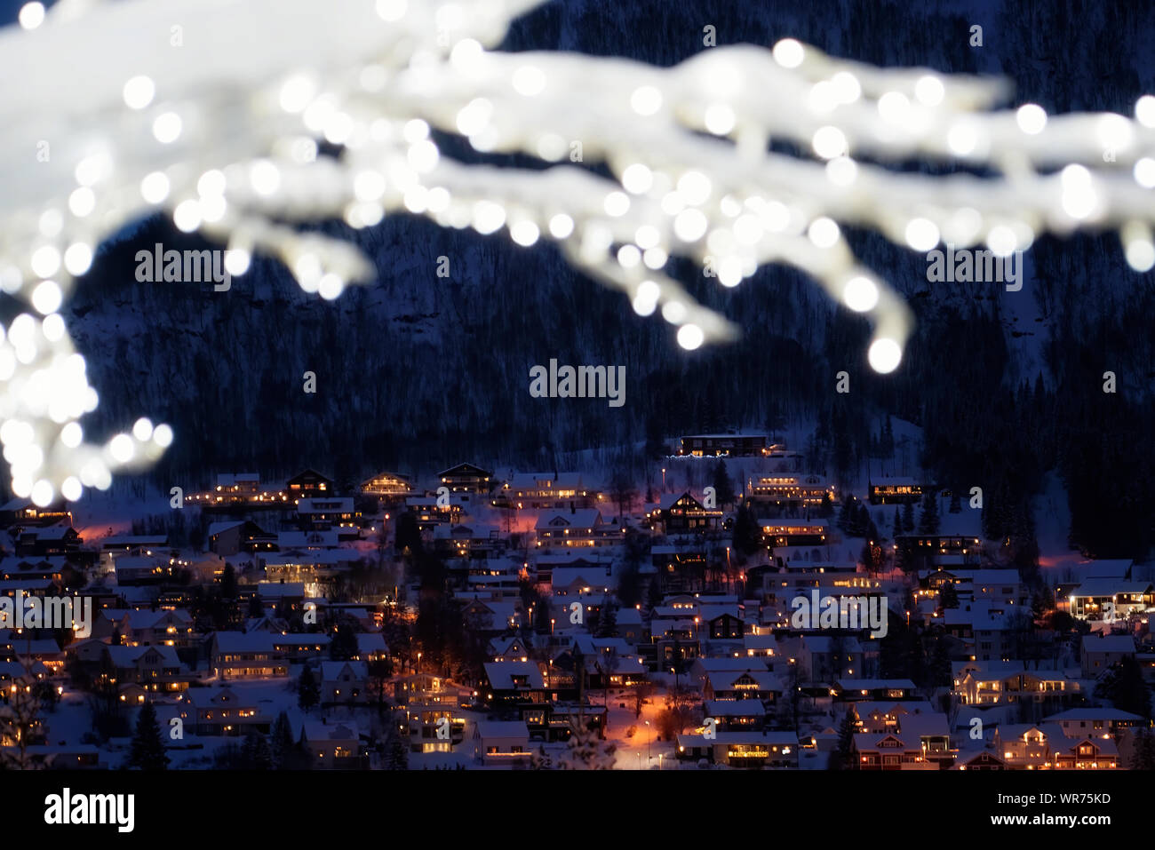 Defocused winter tree with lights and decorations in Tromso town, Northern Norway Stock Photo