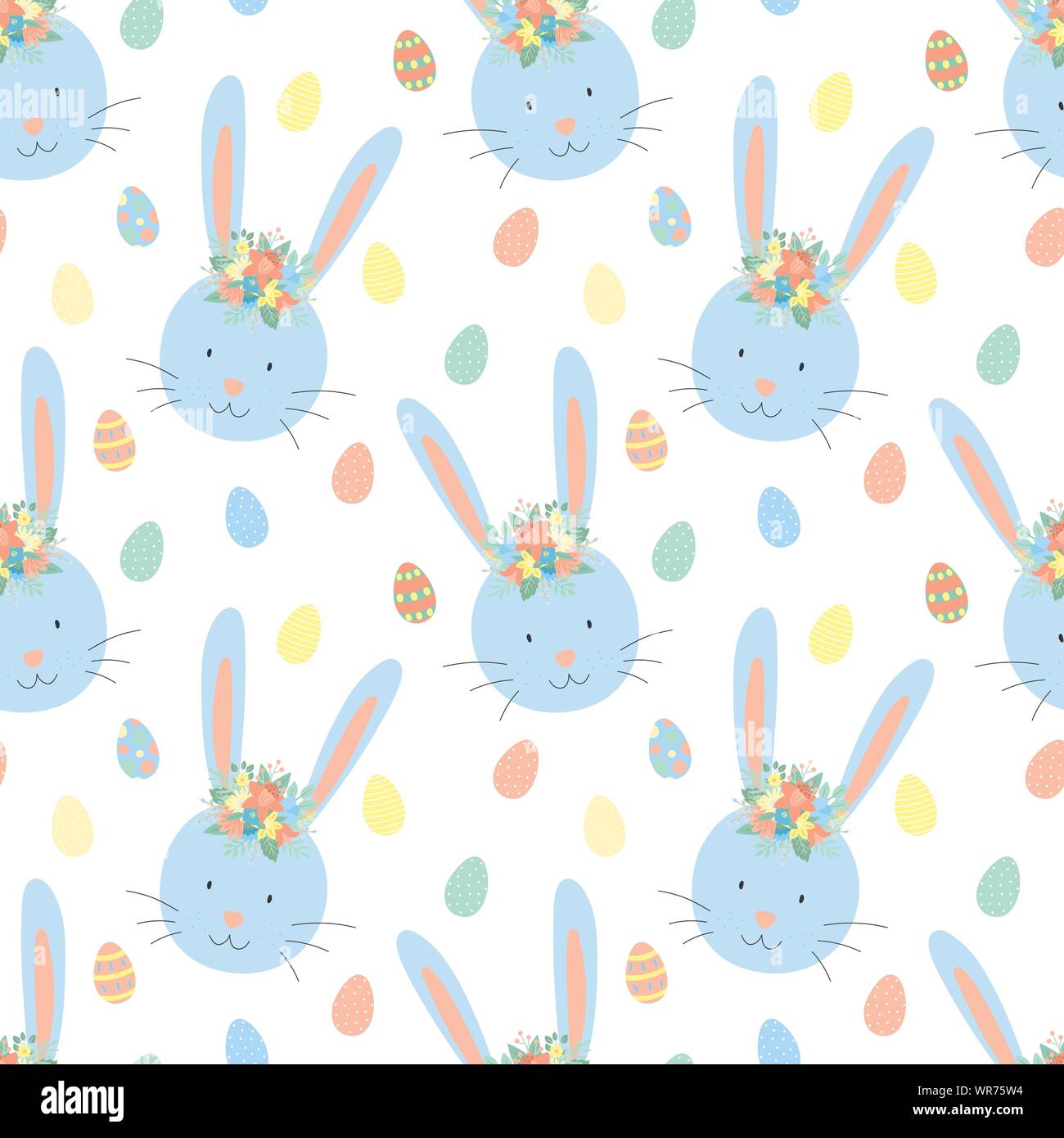 Easter seamless pattern with cute rabbits, eggs and flowers on a ...