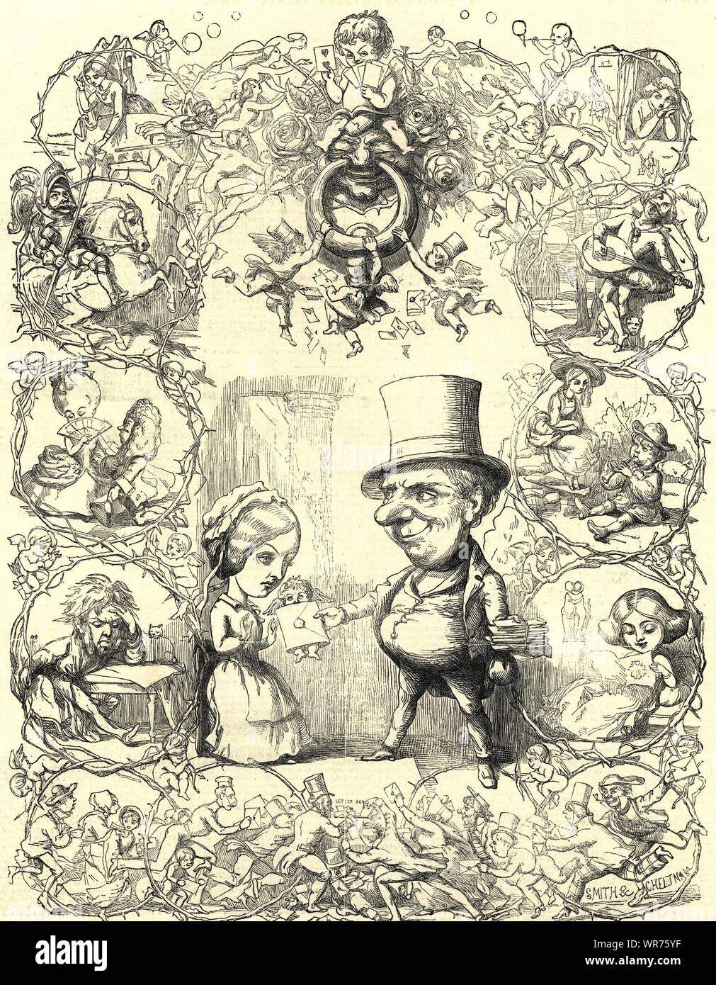 St. Valentine's day. Cartoons. Romance 1851 antique ILN full page print Stock Photo