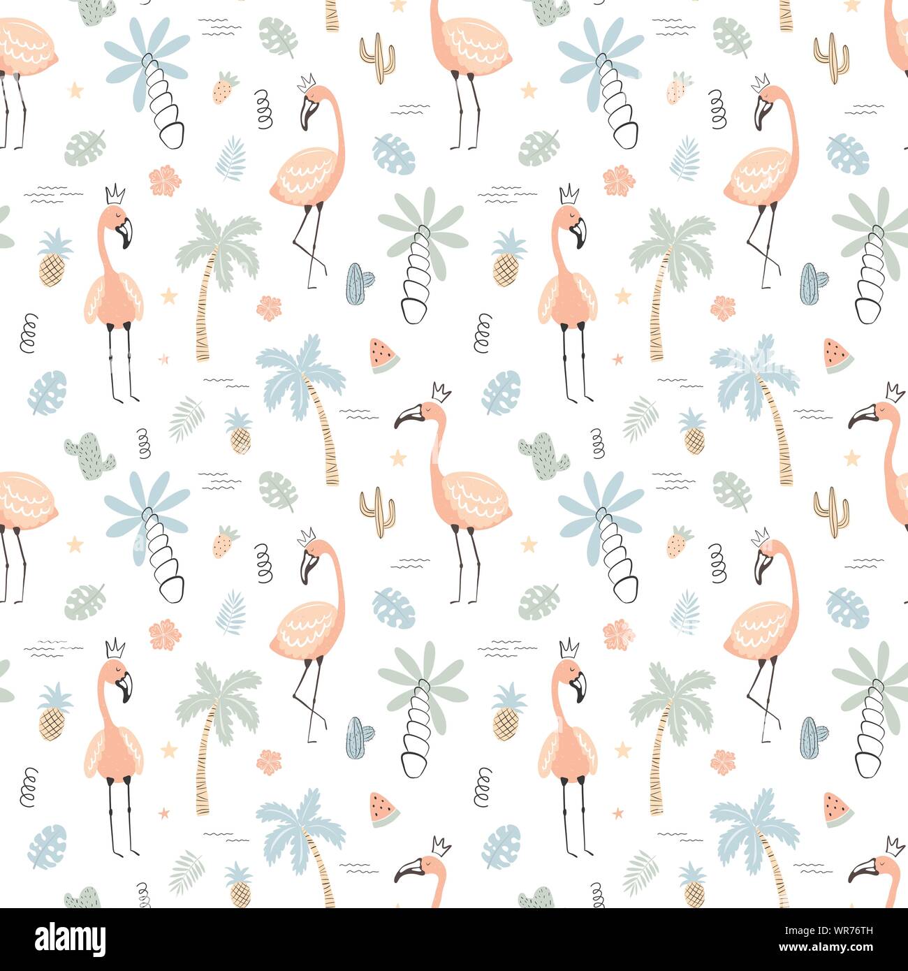 Seamless tropical pattern with pink flamingos and leaves, cacti, fruit ...