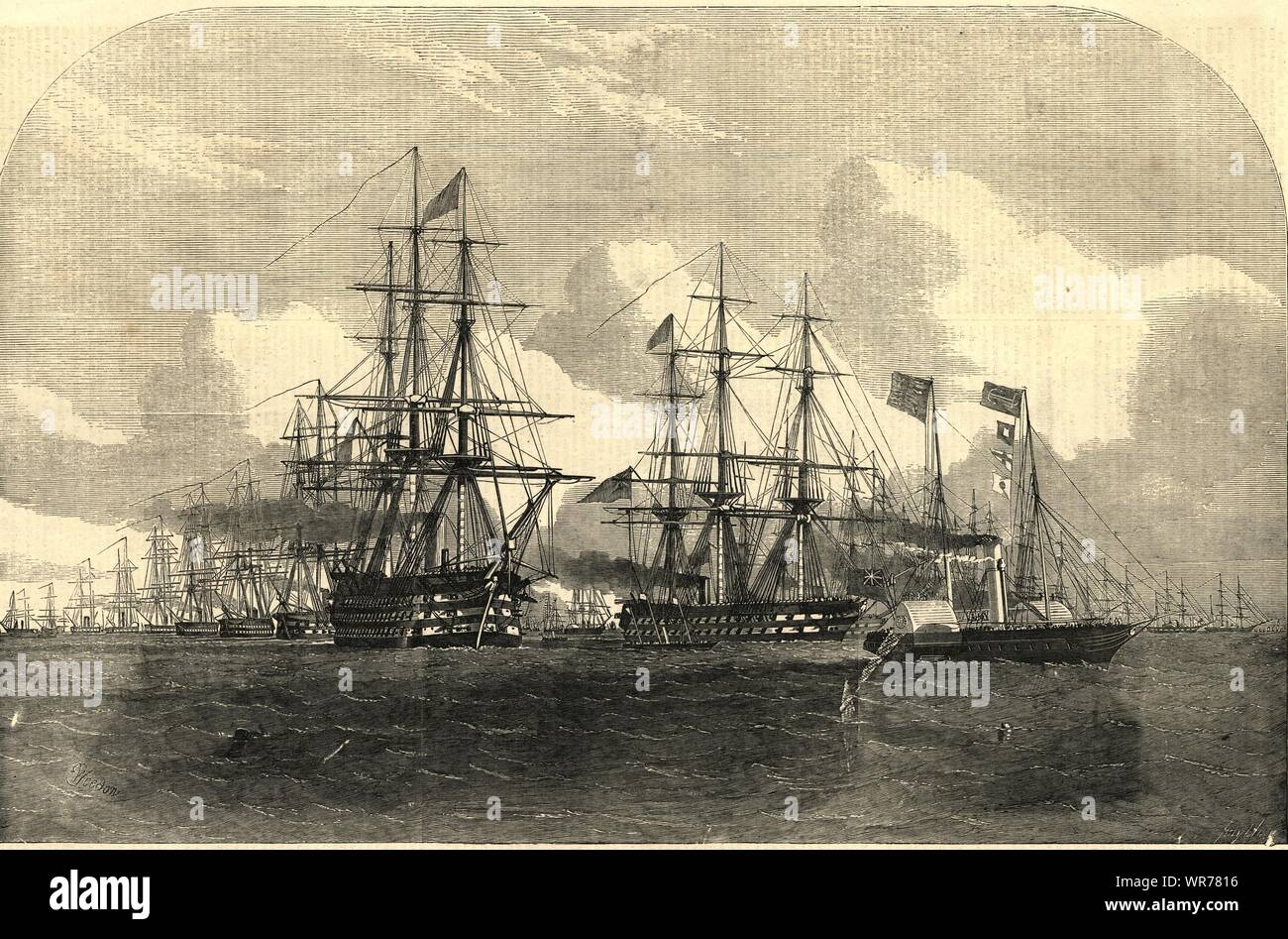 Fleet forming line abreast. Terrible Valorous Leopard Odin &c. Royal Navy 1853 Stock Photo