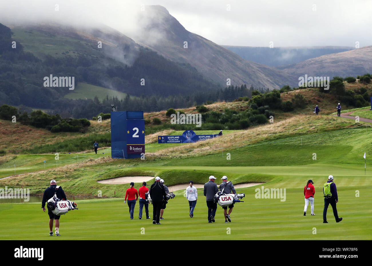 Team USA players including Ally McDonald, Marina Alex, Angel Yin and Morgan Pressel on the 2nd during preview day two of the 2019 Solheim Cup at Gleneagles Golf Club, Auchterarder. Stock Photo