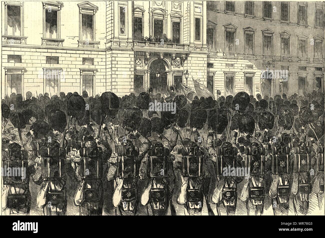 First Battalion of Scots Fusilier Guards leaving Buckingham Palace 1854 Stock Photo