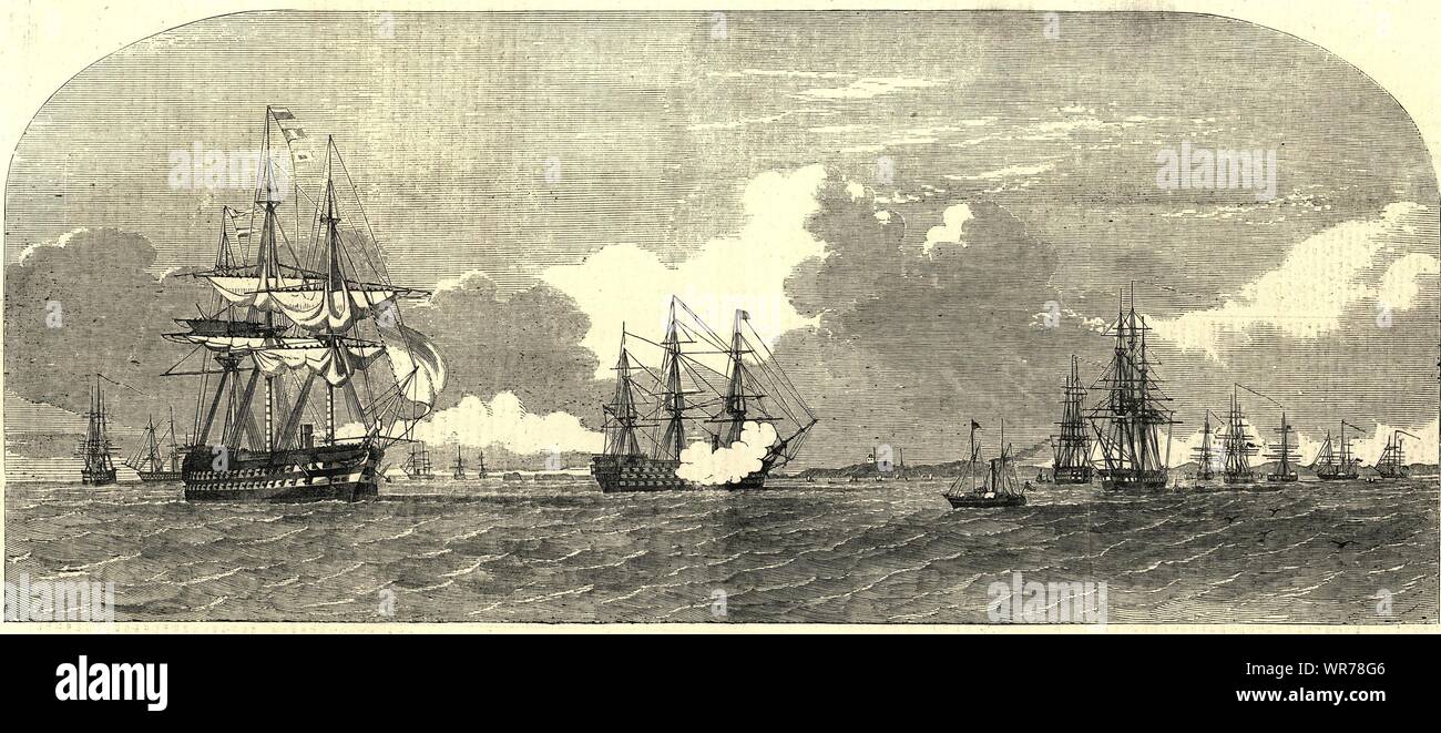 The Baltic Fleet entering Wingo Sound. Hogue Ajax Tribune Euryalus Dragon 1854 Stock Photo