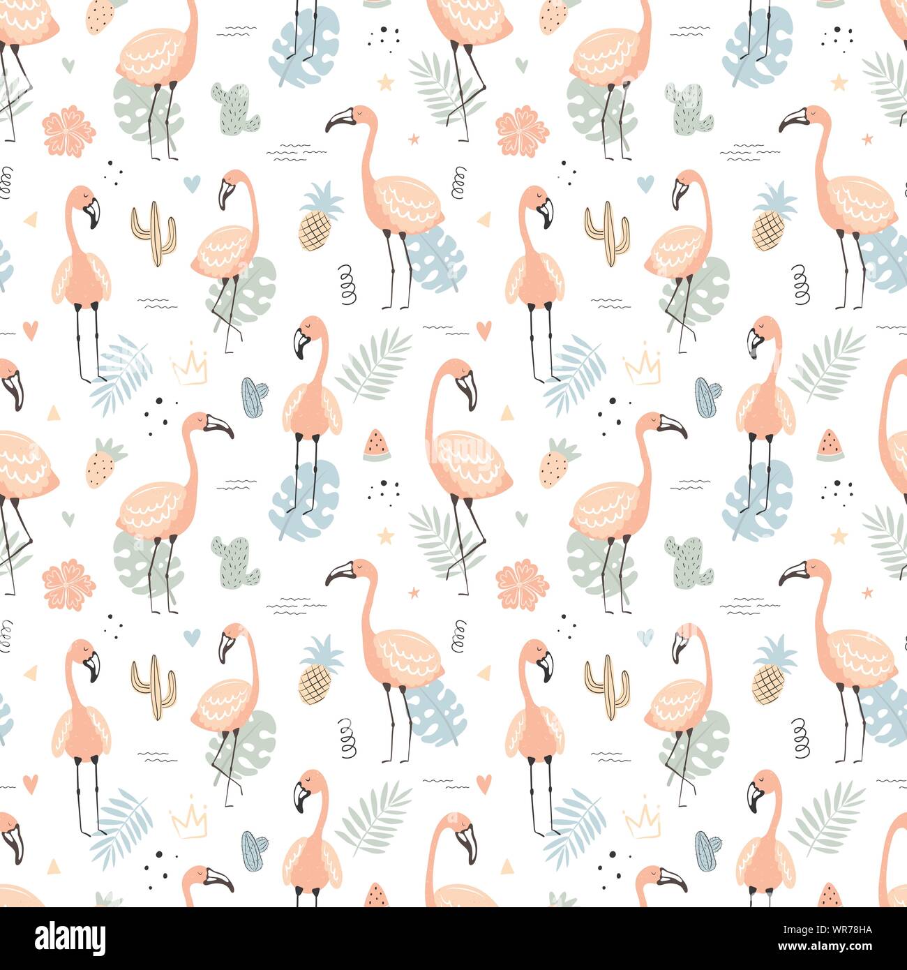 Seamless tropical pattern with pink flamingos and leaves, cacti, fruit ...