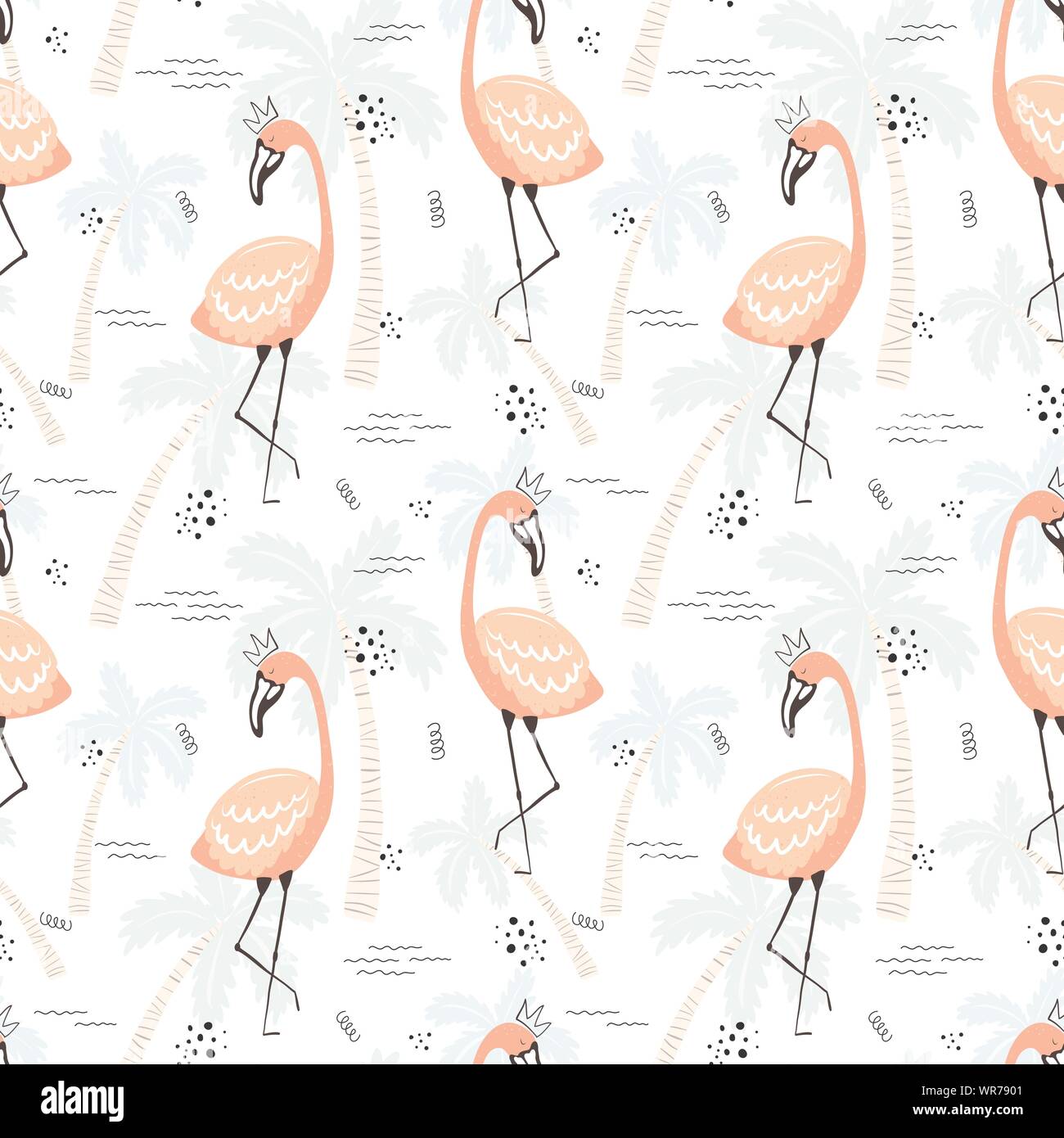 Seamless tropical pattern with pink cute flamingos on the palm ...