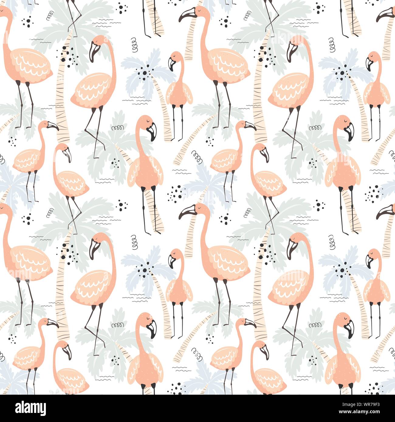 Seamless tropical pattern with pink flamingos on the palm background ...
