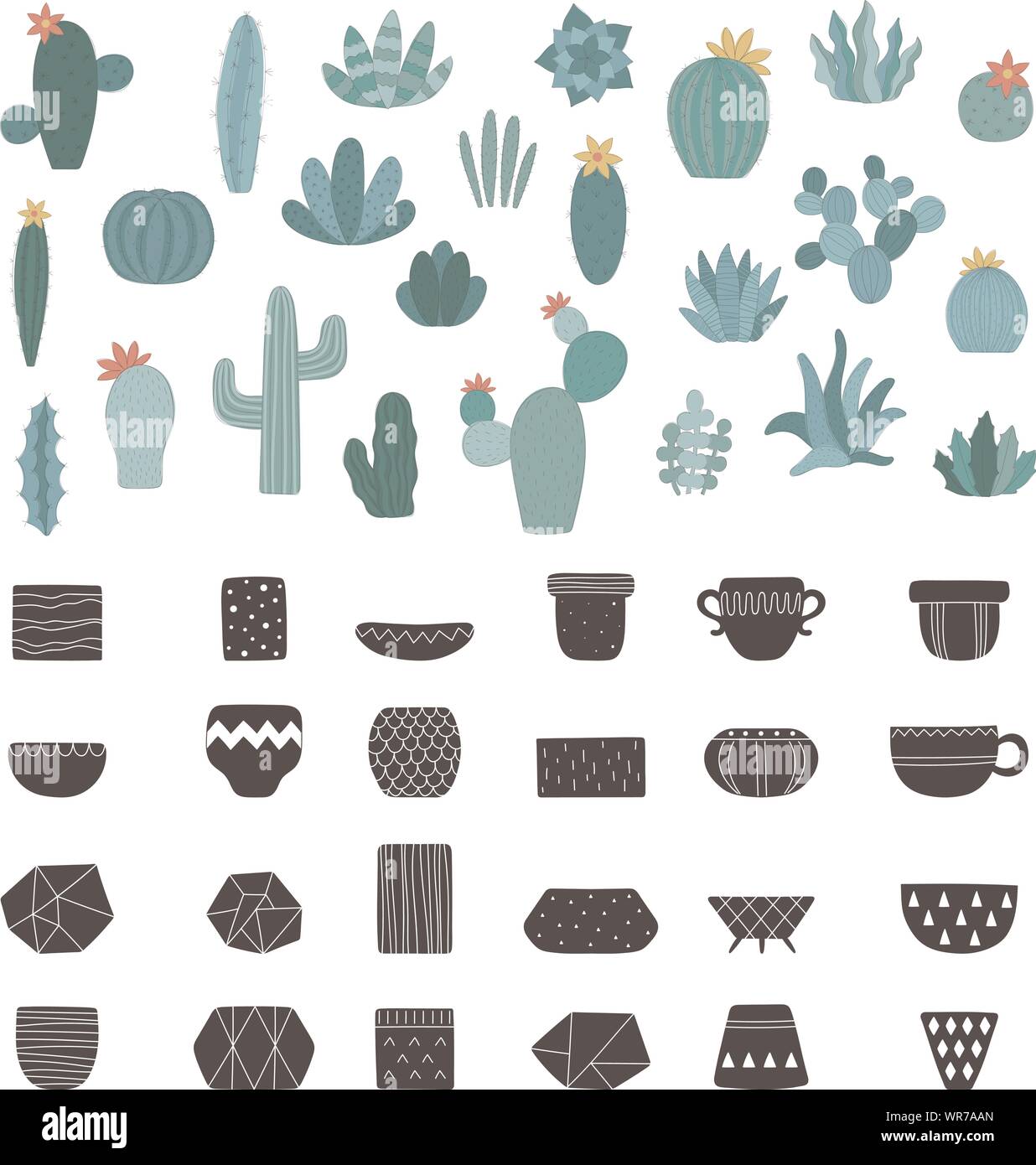 Vector set of cacti and black pots. Hand-drawn illustration of a cactus ...