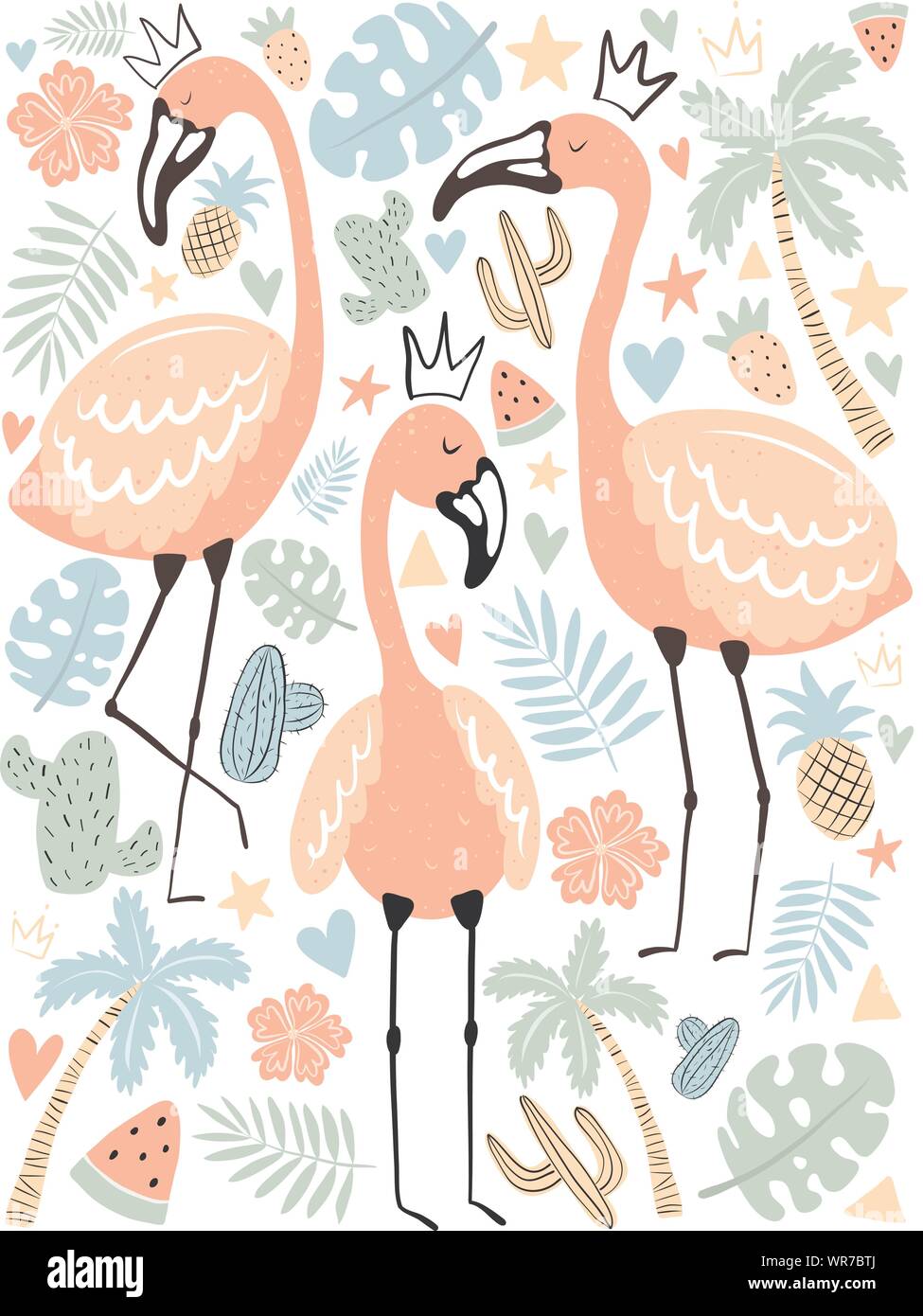 Vector illustration tropical flamingos in the leaves, palm, fruit ...