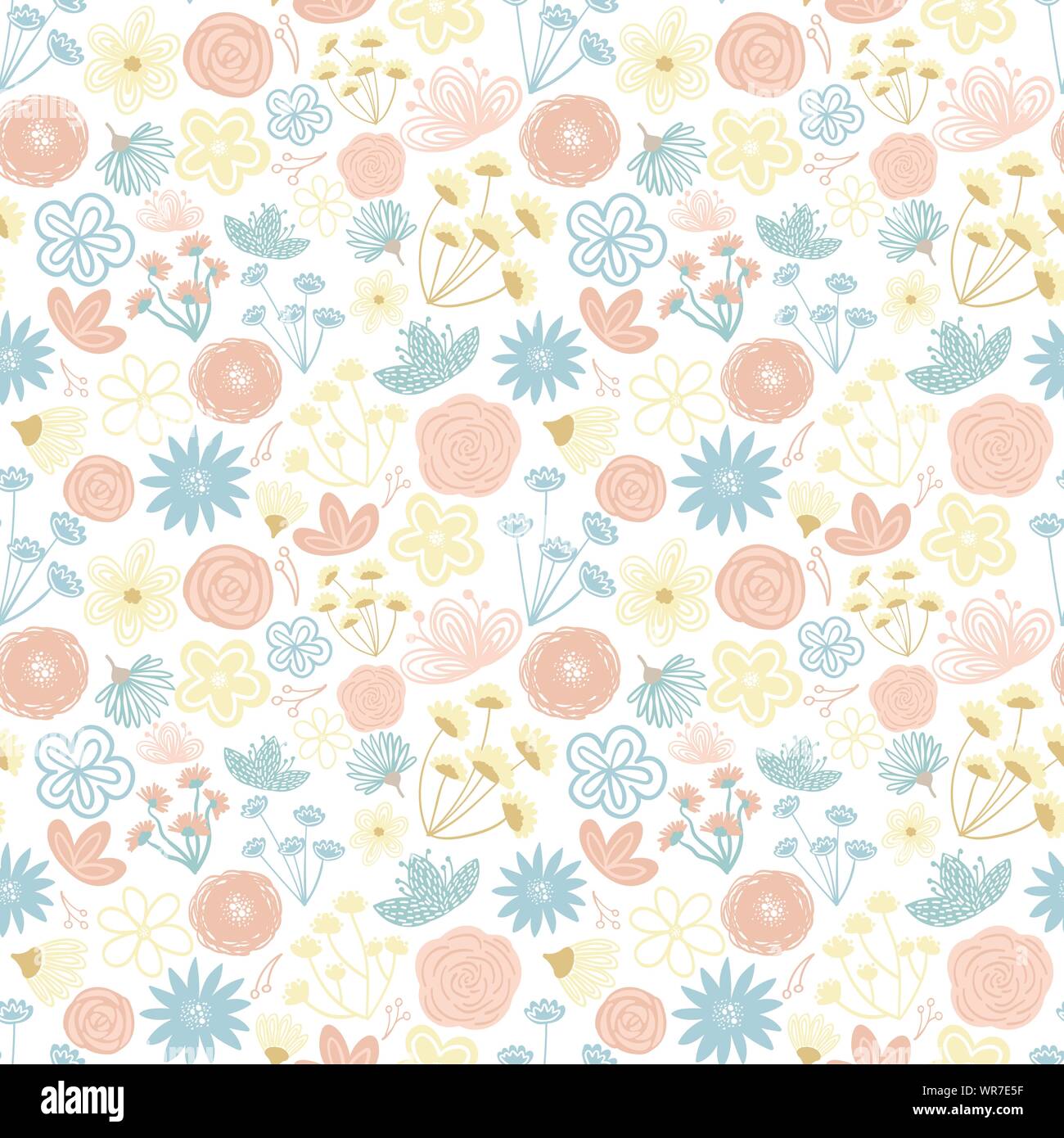 Seamless pattern of cartoon hand-drawn multicolored flowers. Illustration in pastel shades for clothes, wrappers, gifts, textiles, postcards and invit Stock Vector