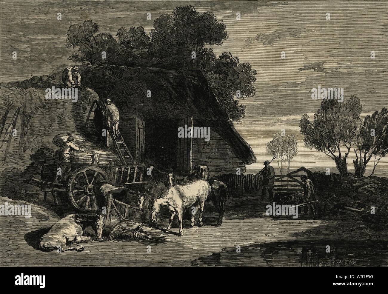 'A stackyard' From the 'Liber Studiorum'. Farming. Fine arts 1864 ILN print Stock Photo