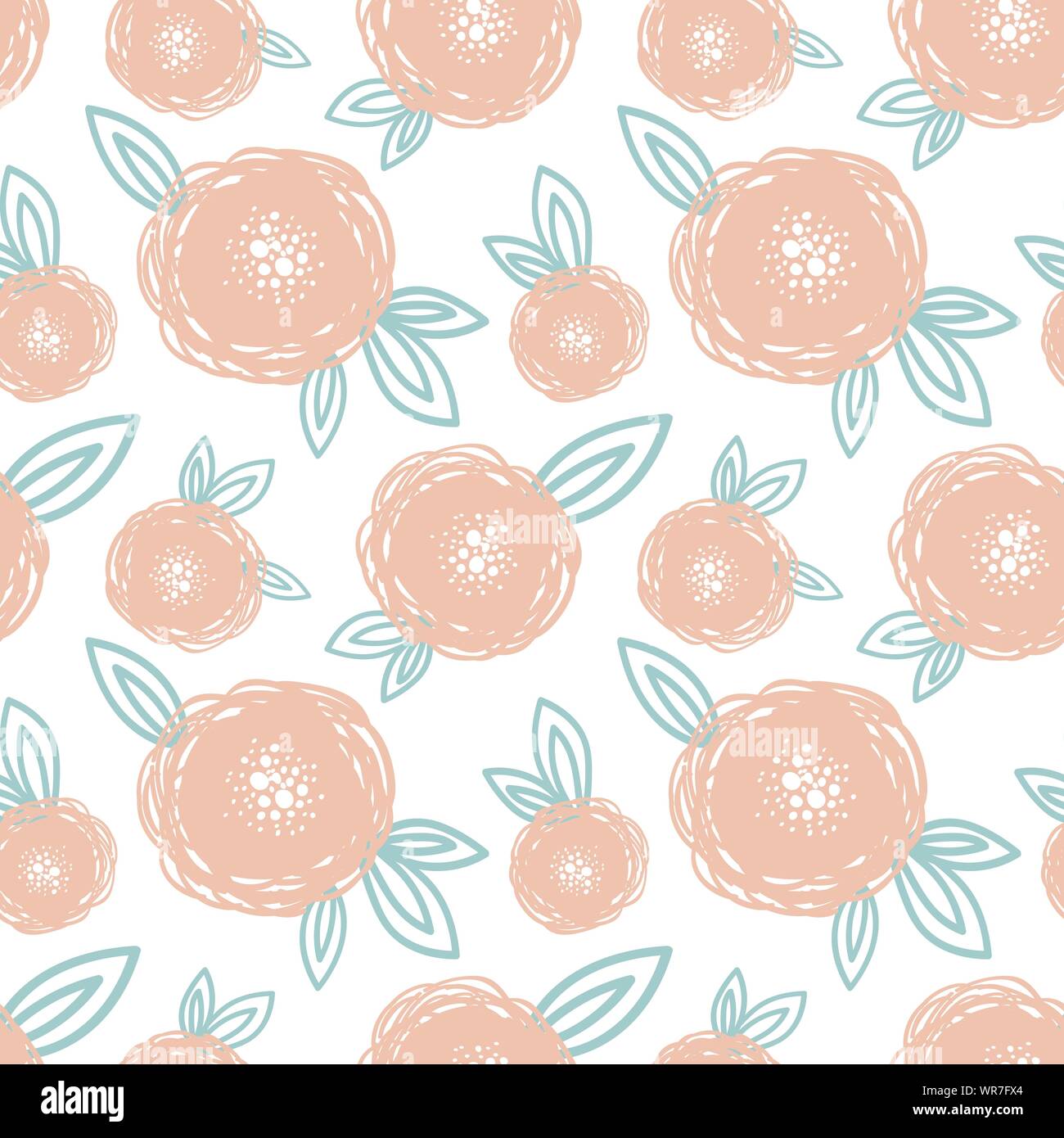 Seamless Pattern Of Cartoon Hand Drawn Pink Cute Flowers And Small