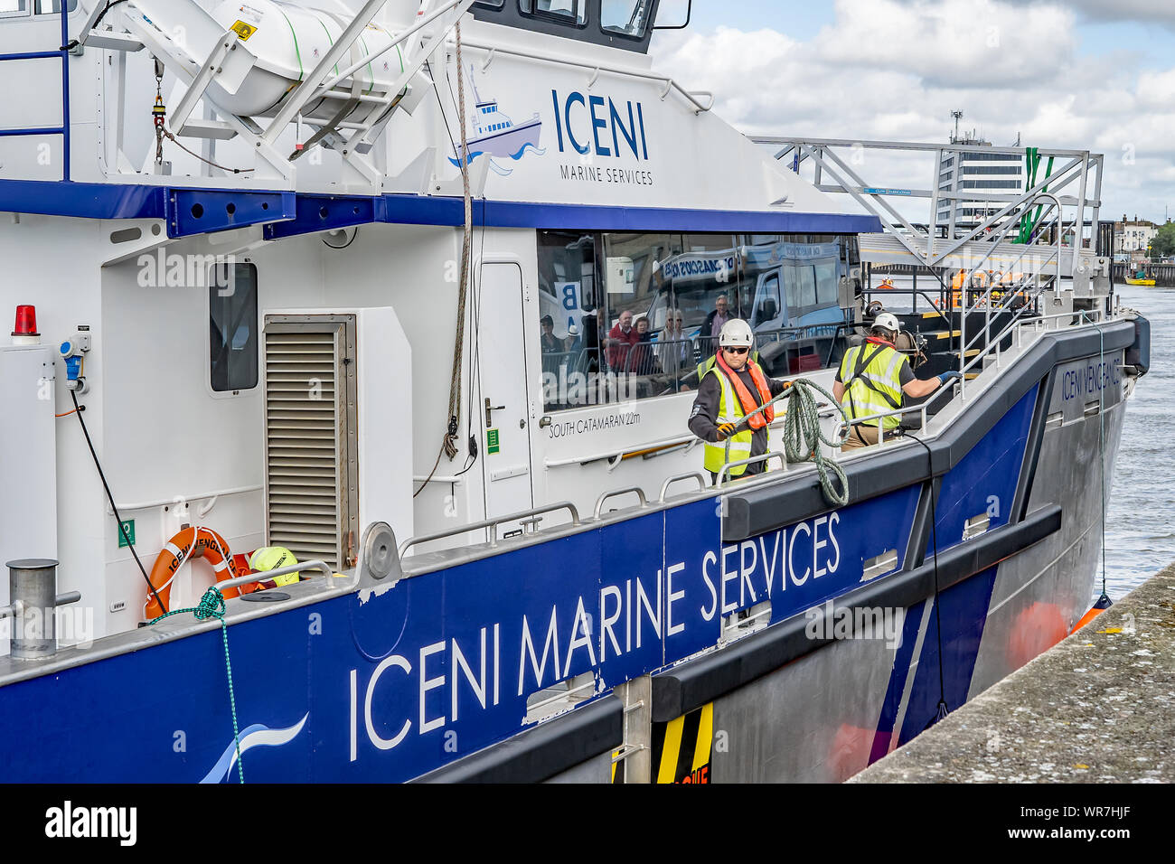 Great Yarmouth, Norfolk, UK September 08 2019. The Iceni Vengeance crew transfer vessel moored