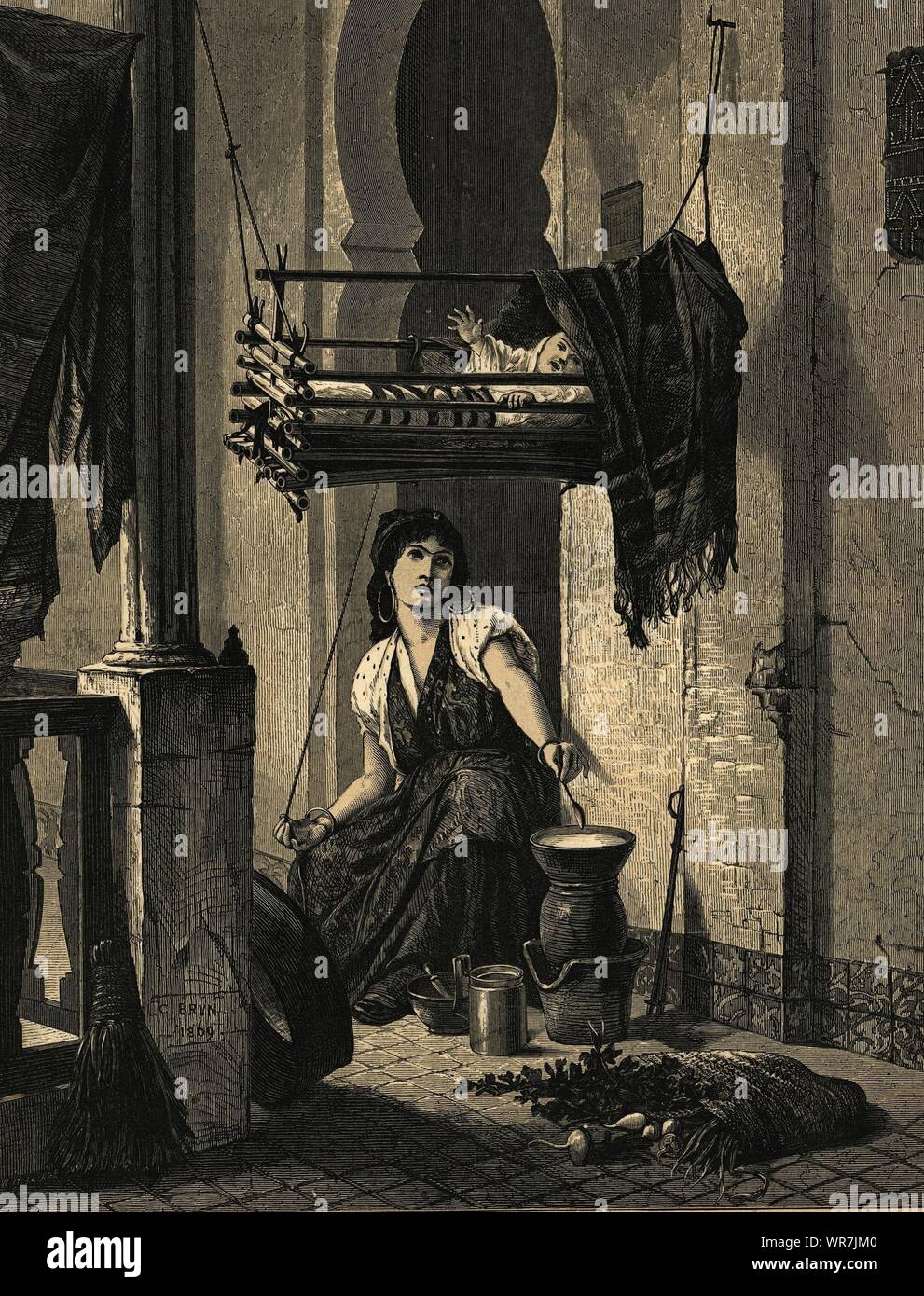 'An Algerian mother'. Family baby cradle 1872 antique ILN full page print Stock Photo