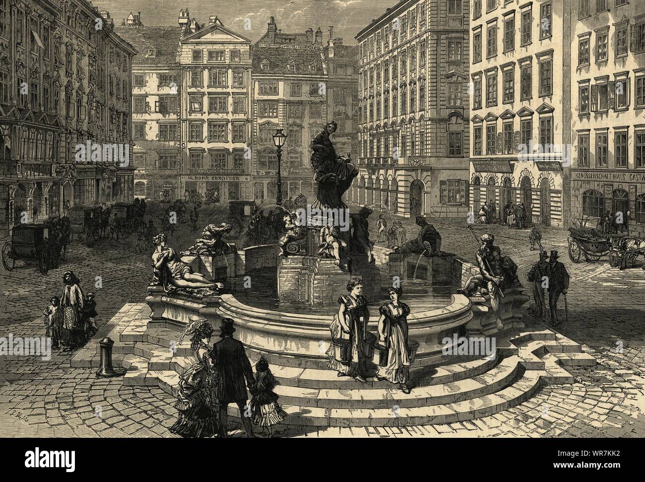 The fountain of Raphael Donner in the Neumarkt, Vienna. Austria 1873 ILN print Stock Photo