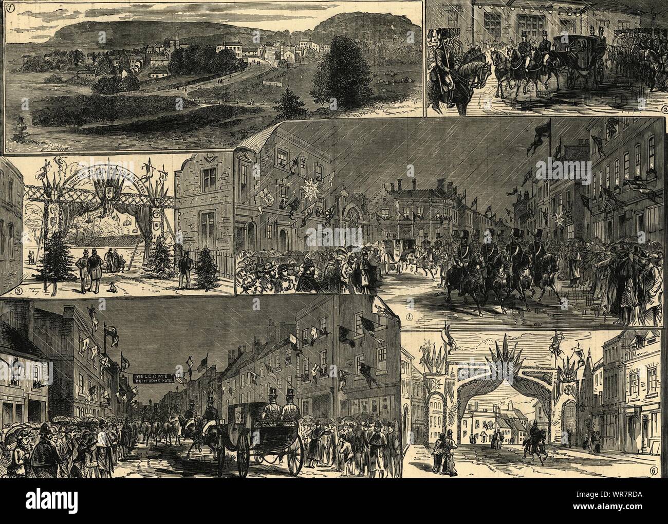 Warminster views: Royal party at railway station. Market-place. Wiltshire 1881 Stock Photo