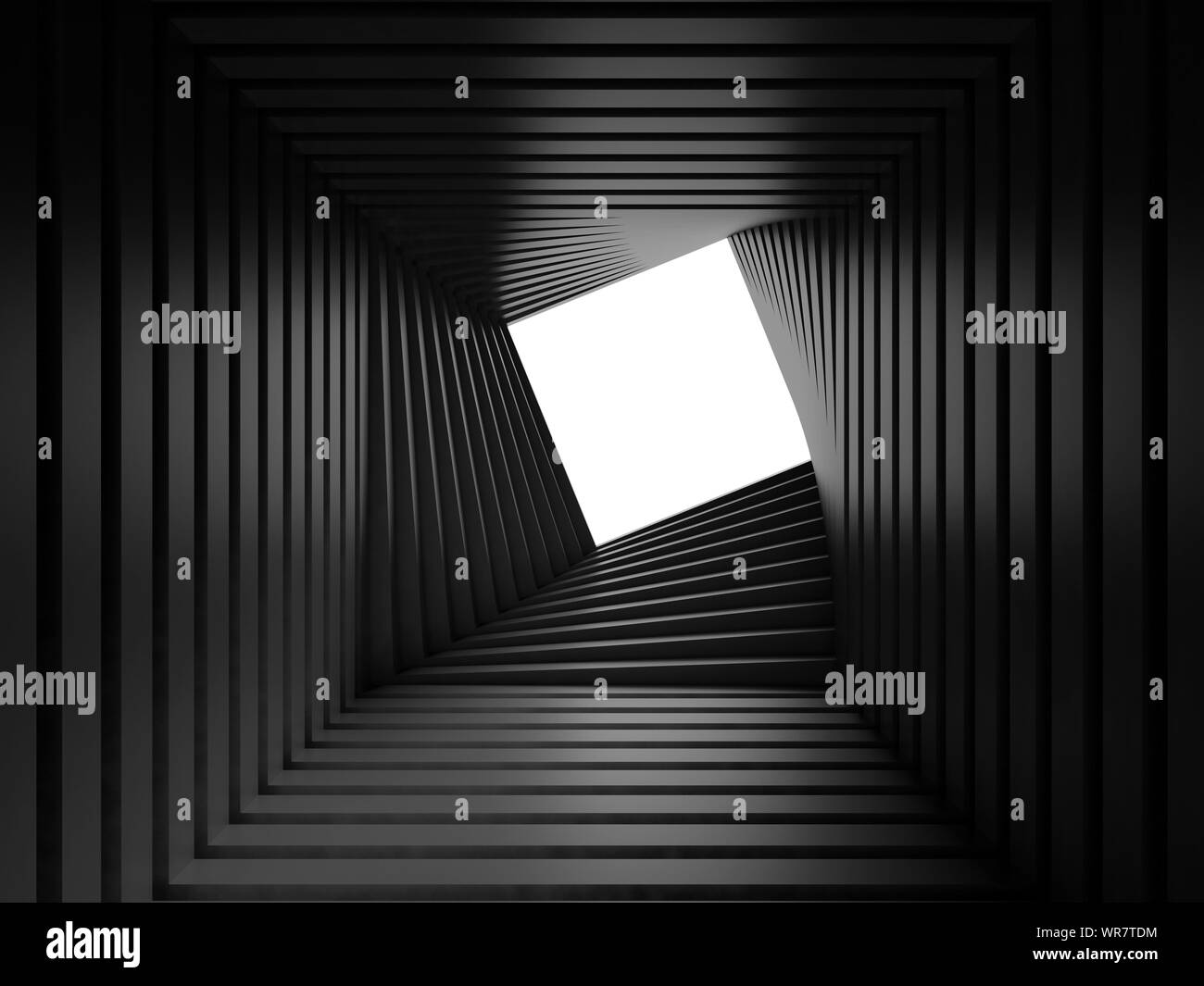 Abstract black twisted tunnel interior with white end, parametric geometric background. 3d rendering illustration Stock Photo