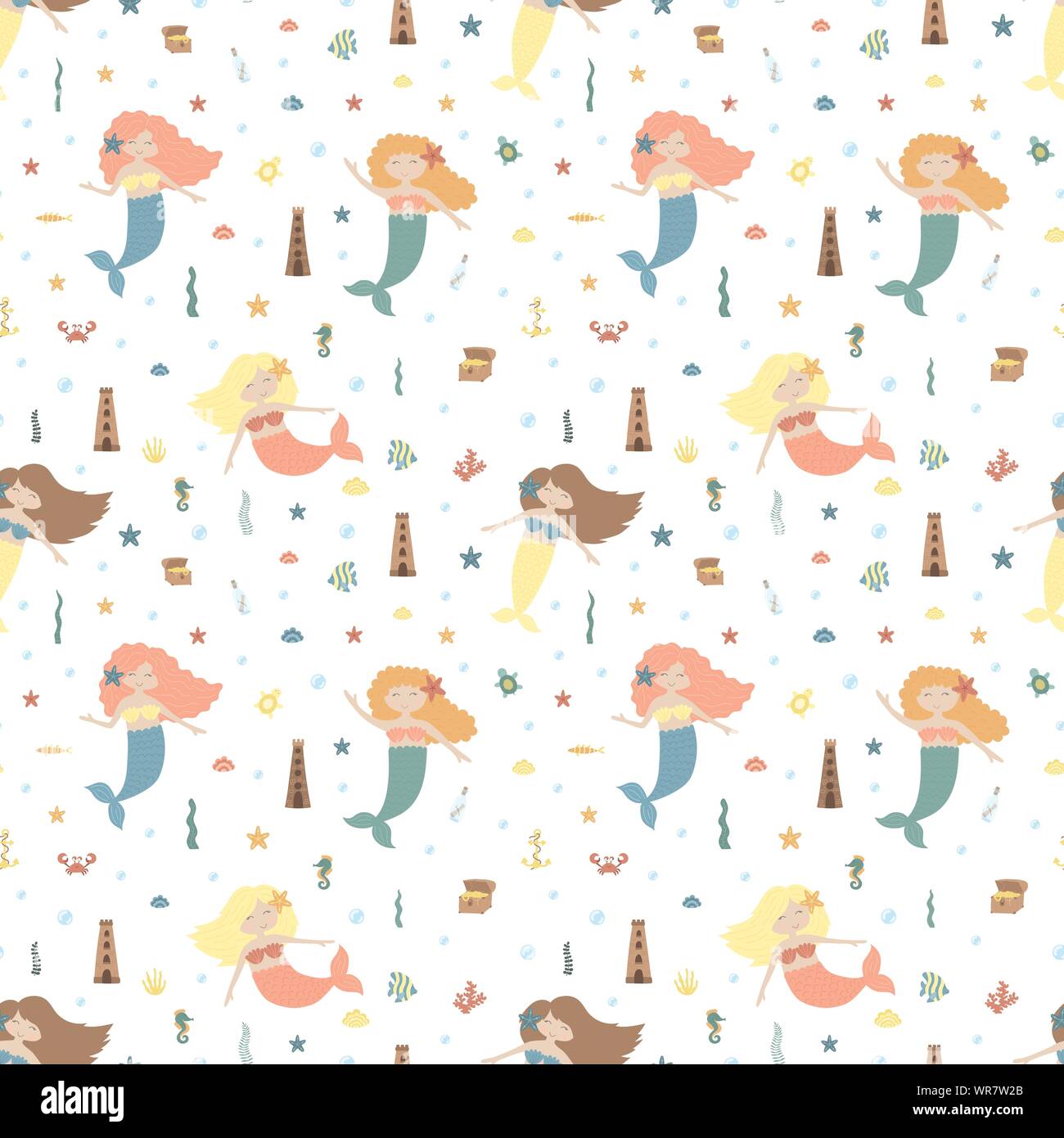 Seamless summer pattern with cute mermaids, castle, chest, fish and ...