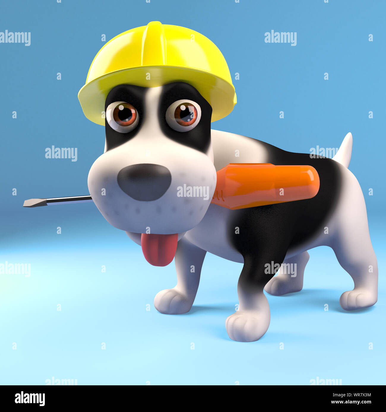 3d cartoon puppy dog wearing a construction safety helmet holding a