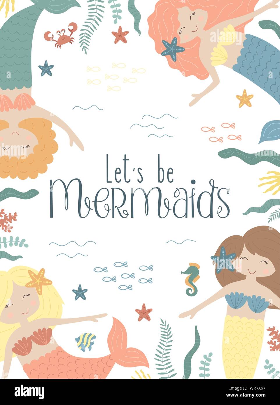 Vector image of cute little mermaids, seaweed, starfish, crab, seahorse, fish. Marine handdrawn