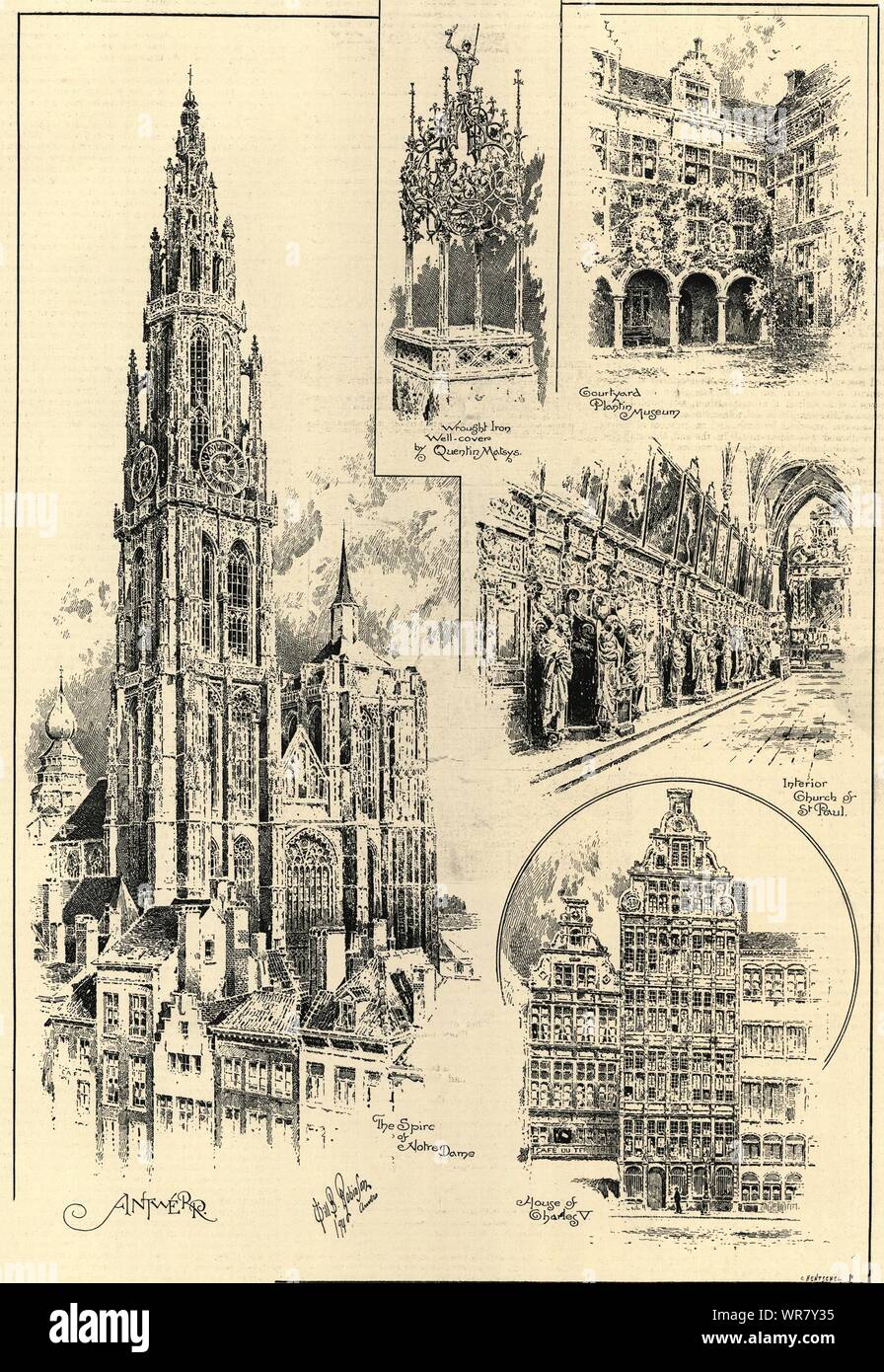 Antwerp. Quentin Matsys Plantin Museum St Paul church Notre Dame Charles V 1894 Stock Photo