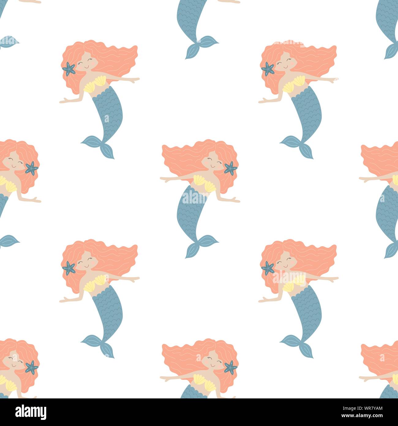 Seamless summer pattern with cute mermaids with pink hair and blue tail ...