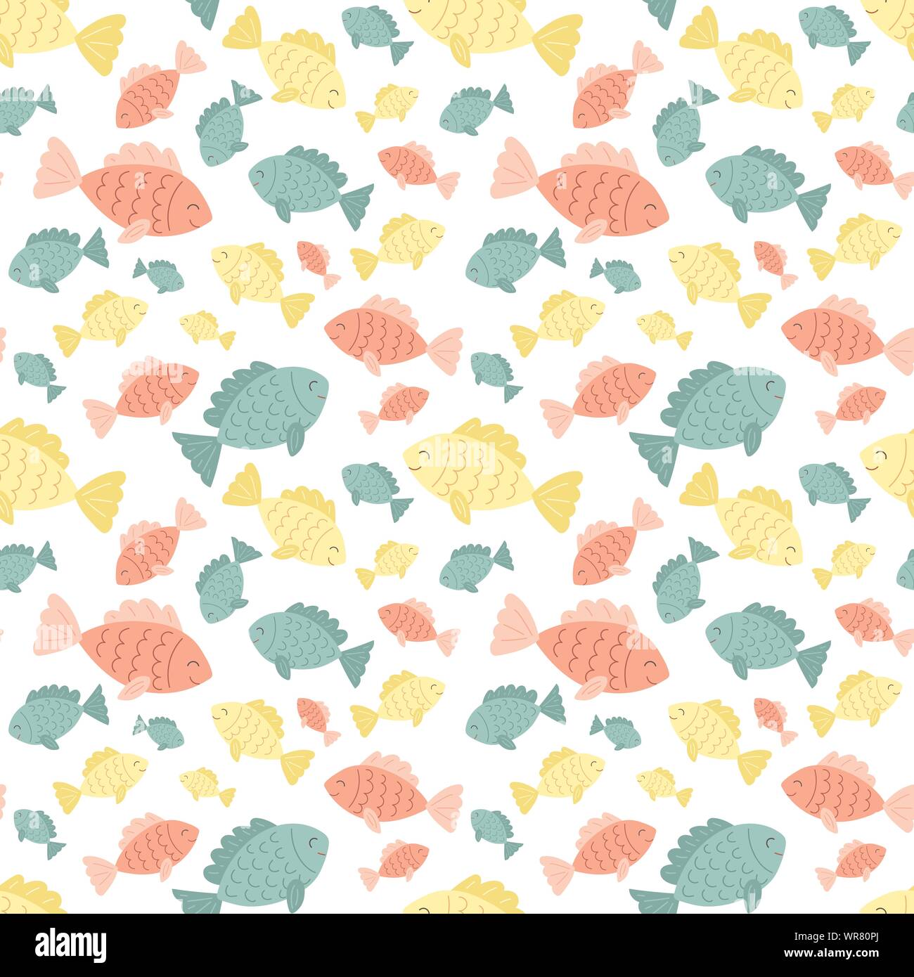 Seamless summer pattern with pink, green and yellow fishes. Vector sea ...
