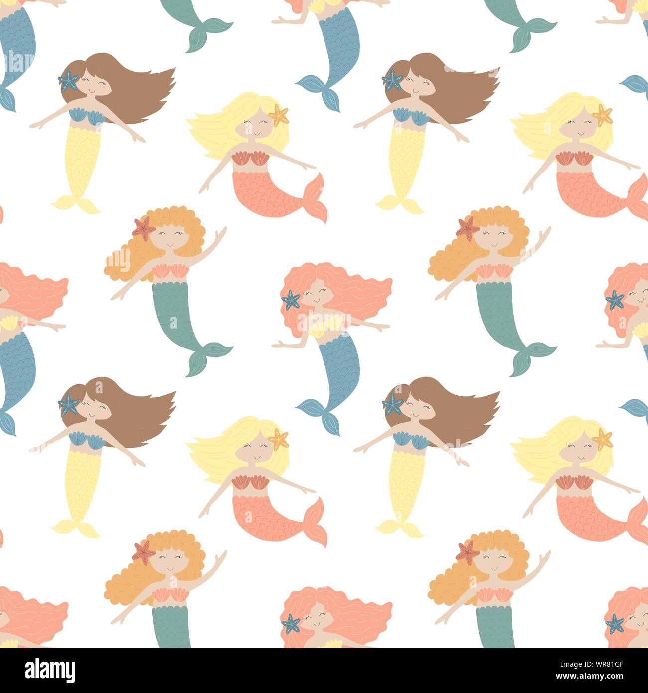 Seamless summer pattern with cute mermaids. Vector sea illustration for ...