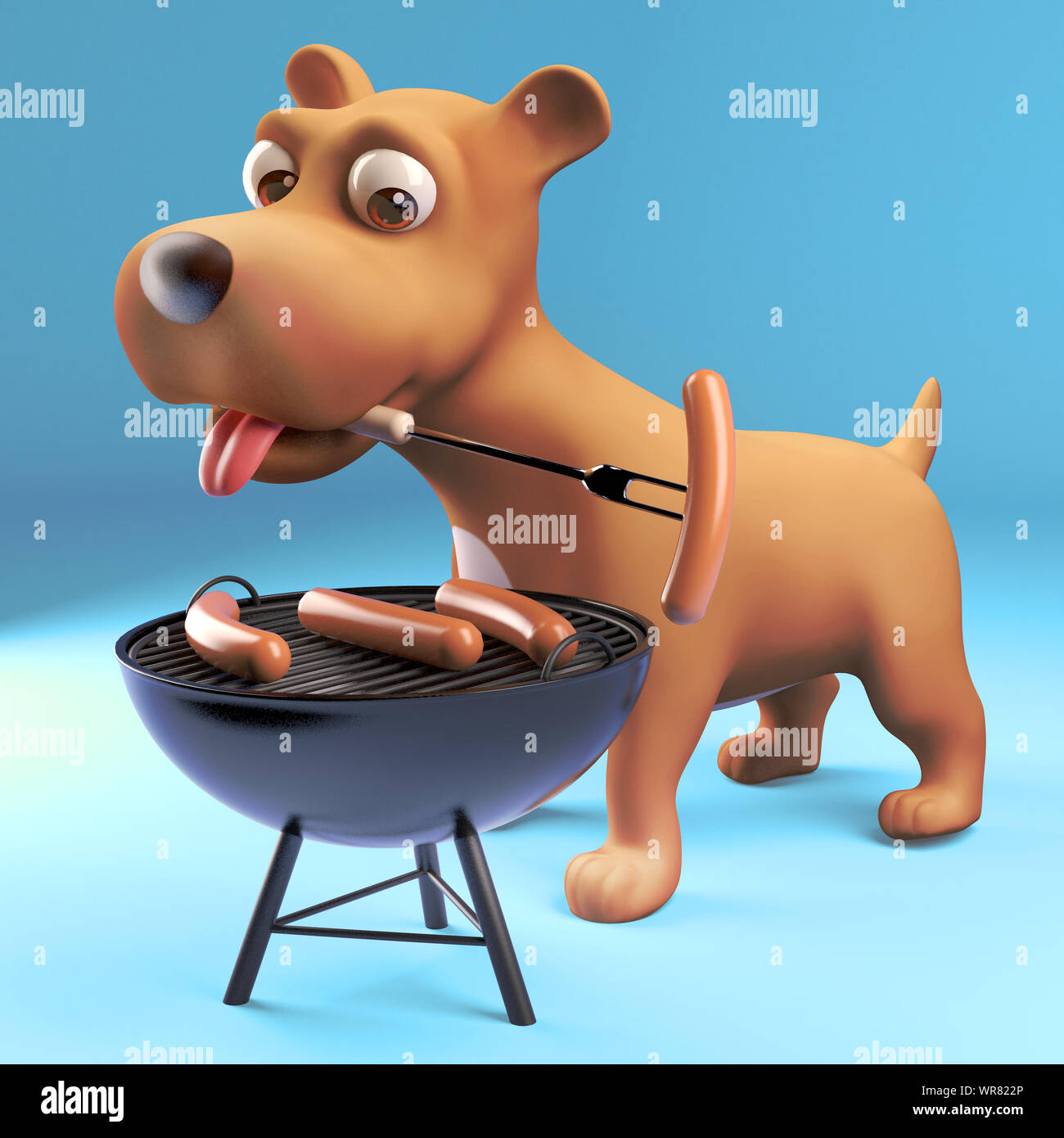 3d cartoon puppy dog cooking sausages on a barbecue bbq, 3d illustration render Stock Photo