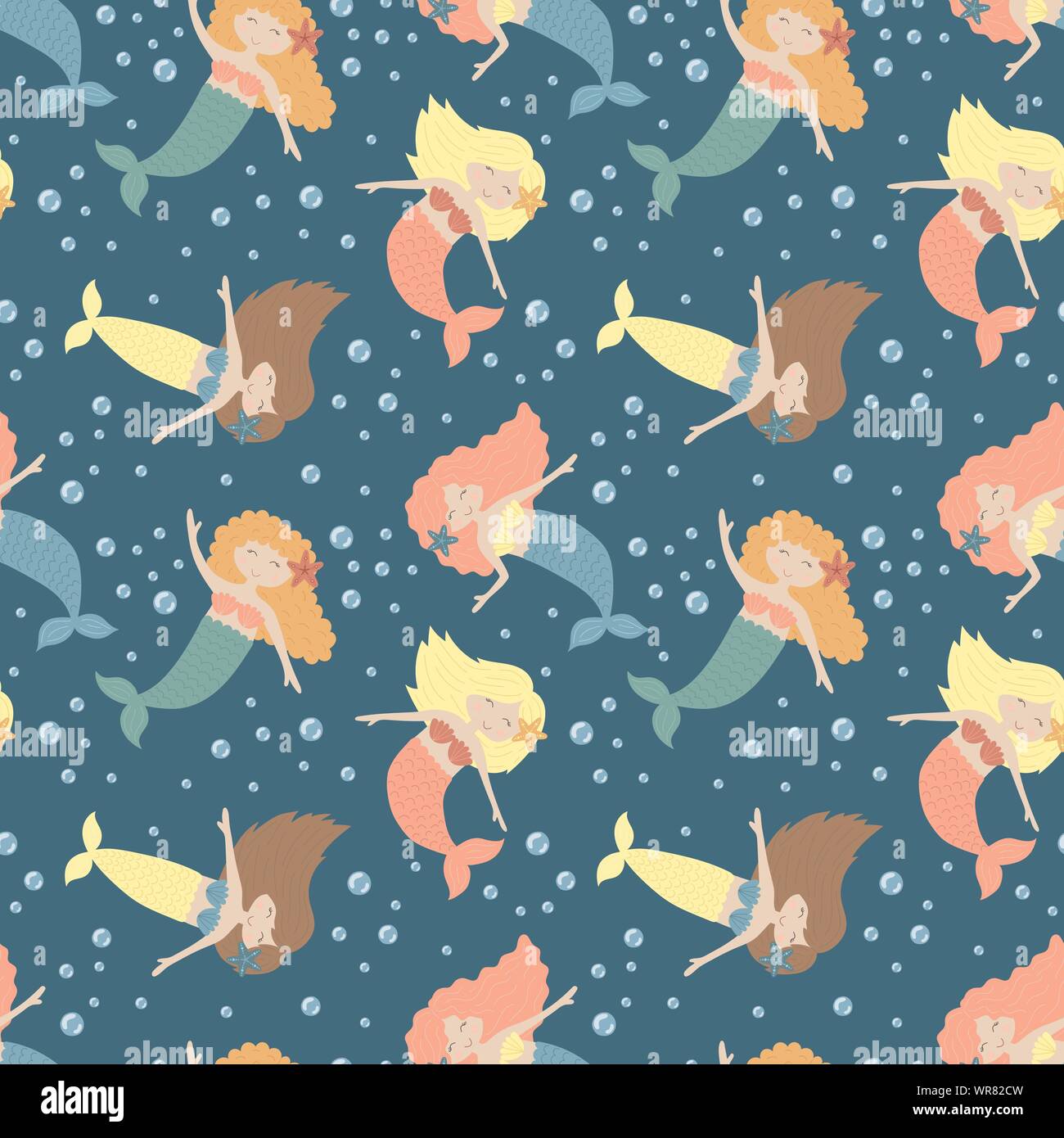 Seamless summer pattern with cute mermaids and bubbles. Vector sea ...