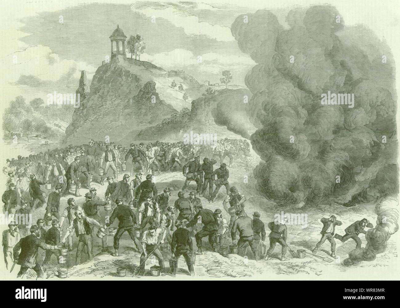 Franco-Prussian War: Paris burning petroleum reservoir Buttes Chaumont 1870 Stock Photo