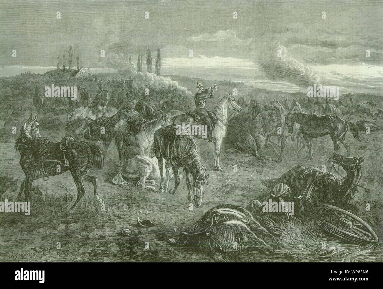 Riderless horses answer Regimental call after battle. Franco-Prussian War 1870 Stock Photo