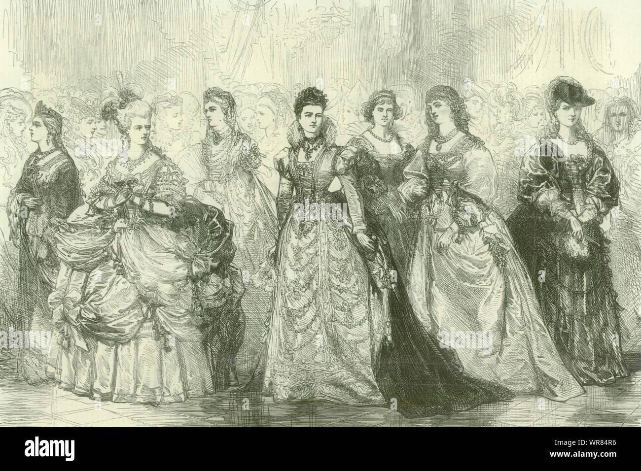 Fancy dress ball at Marlborough House: Ladies costumes. Pall Mall, London 1874 Stock Photo