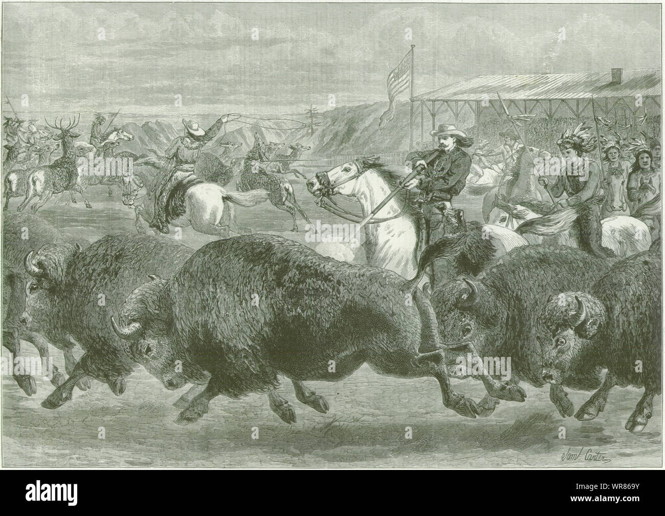 Wild West Great American exhibition: Cowboys hunting bison & Wapiti deer 1887 Stock Photo
