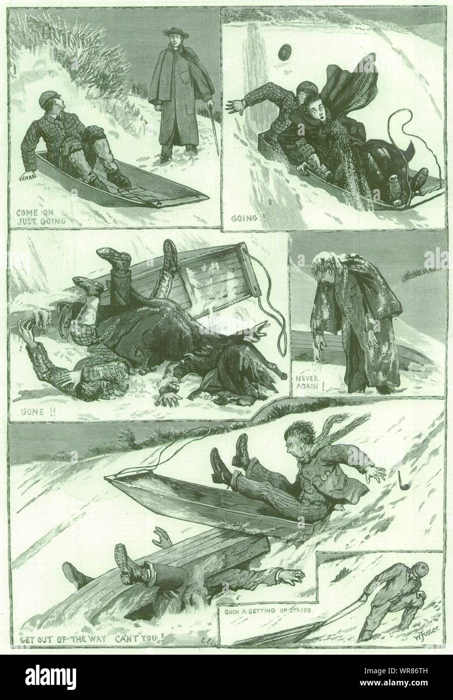 Pleasures of Winter: Tobogganning in Surrey 1891 antique ILN full page print Stock Photo