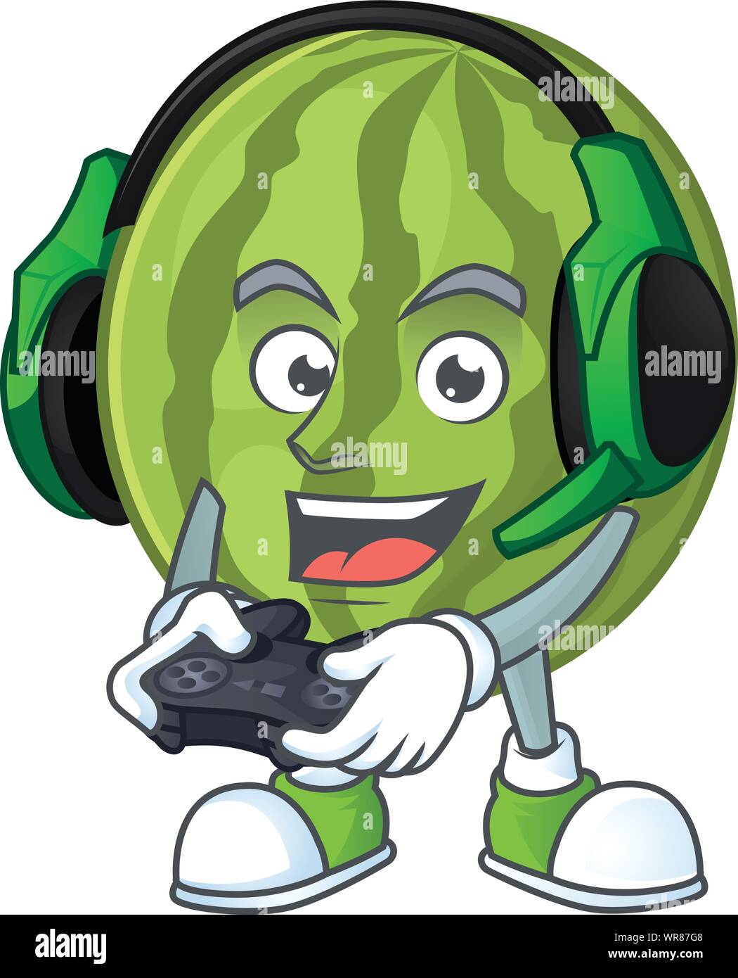 Gaming cartoon watermelon isolated on white background Stock Vector