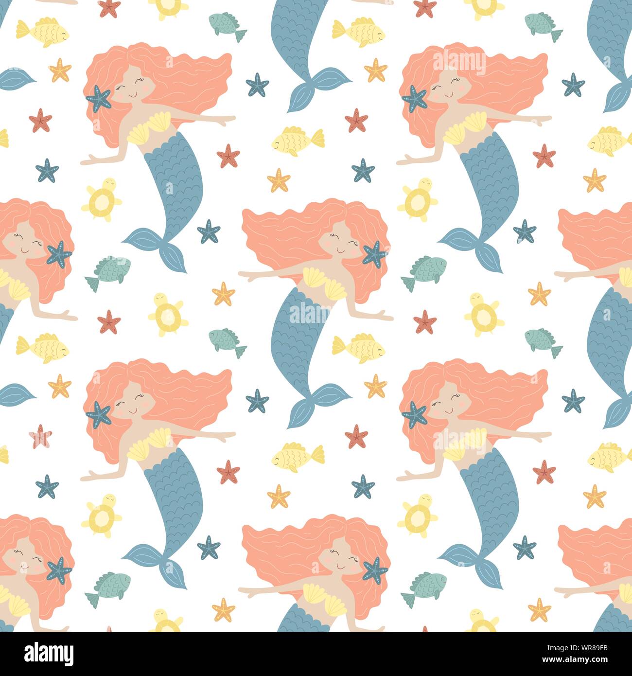 Seamless summer pattern with cute mermaids with pink hair and blue tail ...